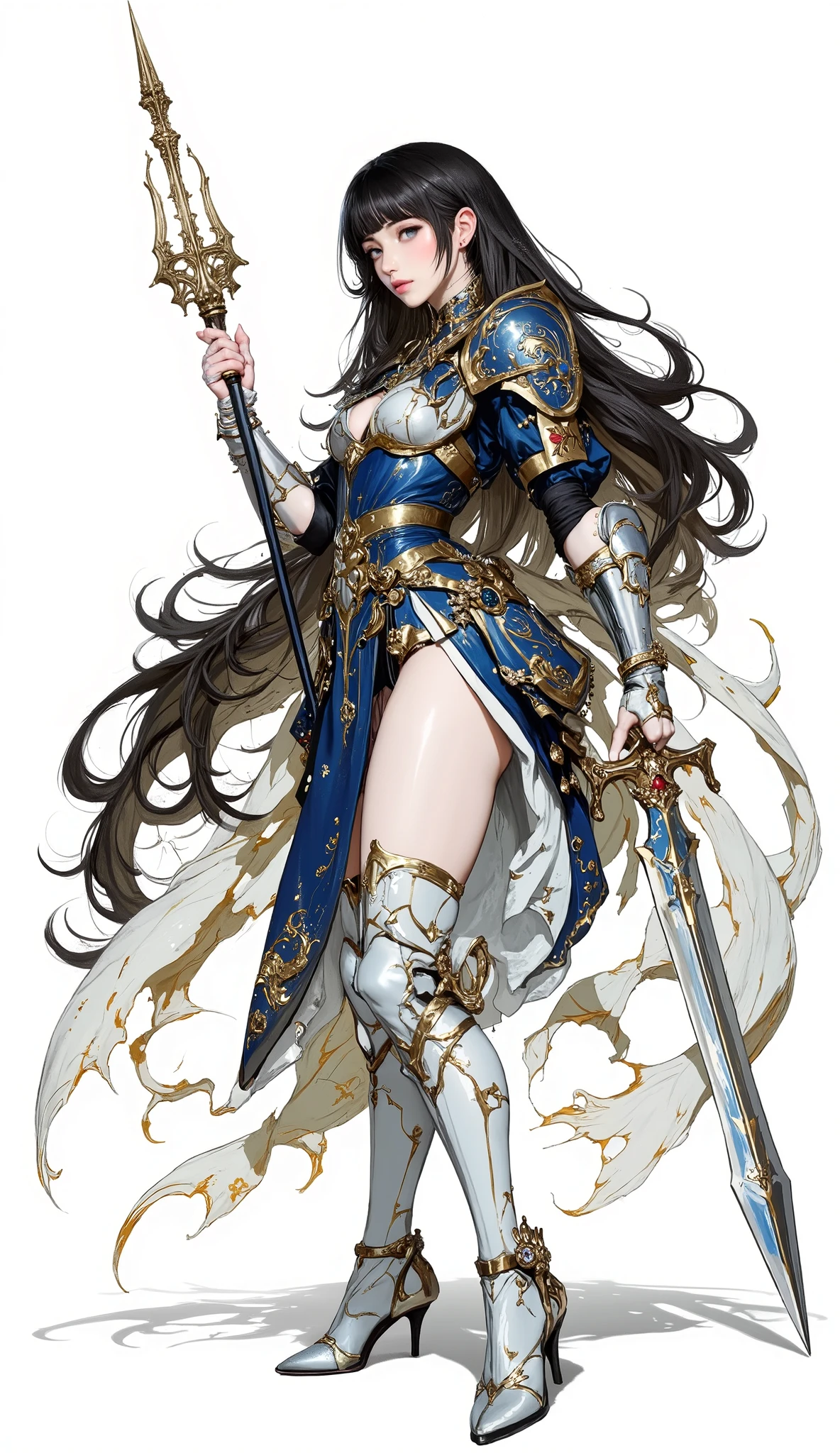 (Masterpiece:1.5,Top Quality:1.3,Amazing Quality:1.3),  (Pulsating stance), (Anime Character), ((nsfw)), Solo, Full Length, Chiara, 1 Girl, ((Sexy cute girl:1.5)), White Skin, Silver Gauntlets, Silver Boots, Western sexy Armor, Shining Clothes, gleaming decorations, ((with gigantic spear  weapon:1.6)), ((sword dance:1.5)), (sexy&fighting pose:1.2), (Wielding a spear weapon:1.5),pulsatile, The best of the Middle Ages, Female warrior, ready to fight, glamorous, black hair, gothic dress, muscular body, sophisticated and glittering medieval armor, beautiful, very precise and delicate animation, vivid colors, unreal world, fantasy delusion, ((full body view)), (((not background, White background))),