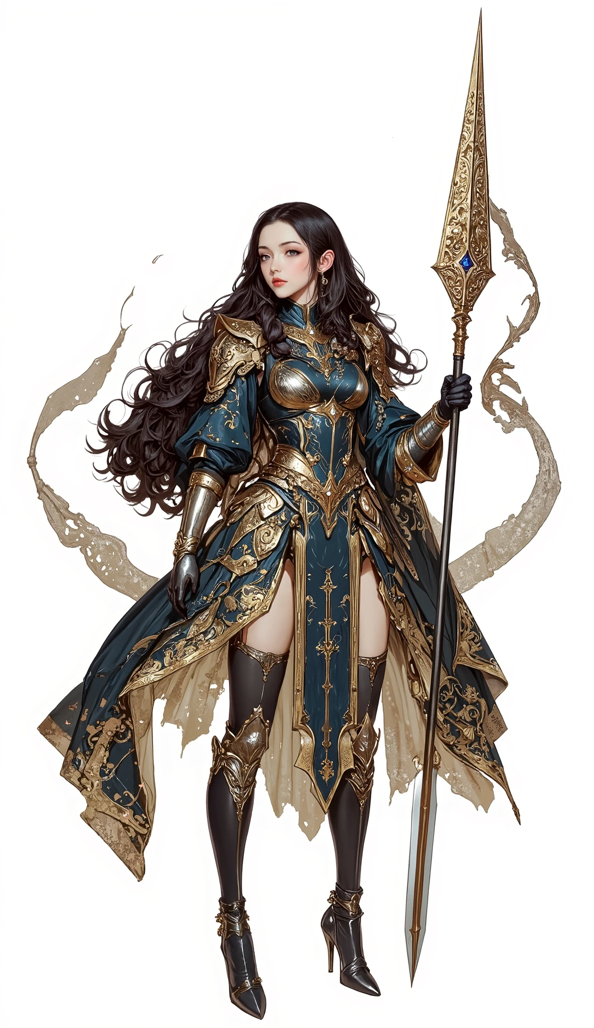 (Masterpiece:1.5,Top Quality:1.3,Amazing Quality:1.3), (Pulsating stance), (Anime Character), ((nsfw)), Solo, Full Length, Chiara, 1 Girl, ((Sexy cute girl:1.5)), White Skin, Silver Gauntlets, Silver Boots, Western sexy Armor, Shining Clothes, gleaming decorations, ((with gigantic spear weapon:1.6)), ((sword dance:1.5)), (sexy&fighting pose:1.2), (Wielding a spear weapon:1.5),pulsatile, The best of the Middle Ages, Female warrior, ready to fight, glamorous, black hair, gothic dress, muscular body, sophisticated and glittering medieval armor, beautiful, very precise and delicate animation, vivid colors, unreal world, fantasy delusion, ((full body view)), (((not background, White background))),