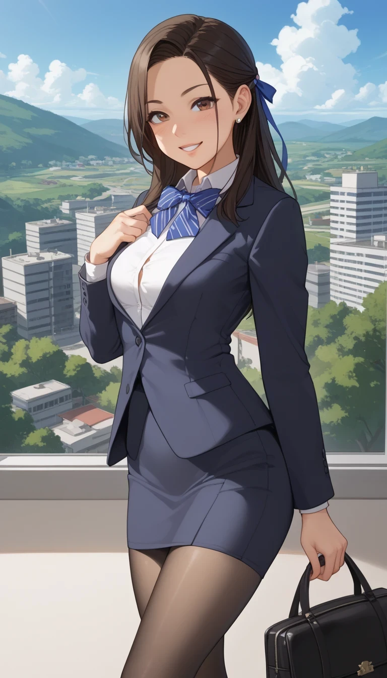 score_9, score_8_up, score_7_up, source_ anime、Highest quality、8k、 masterpiece、Ultra High Definition、natural light、perfect anatomy、 one woman、 small tits、saggy breasts、(Okuzumi Yuiko)、 dark hair、 cute face、Happy face、 OFFICE LADY、 office suit、 black recruitment suit、 white shirt、((Wear a big ribbon around your neck))、pantyhose with a clear view of the 8K panorama、(((Plateau scenery、Wide grassland)))、 stand and pose