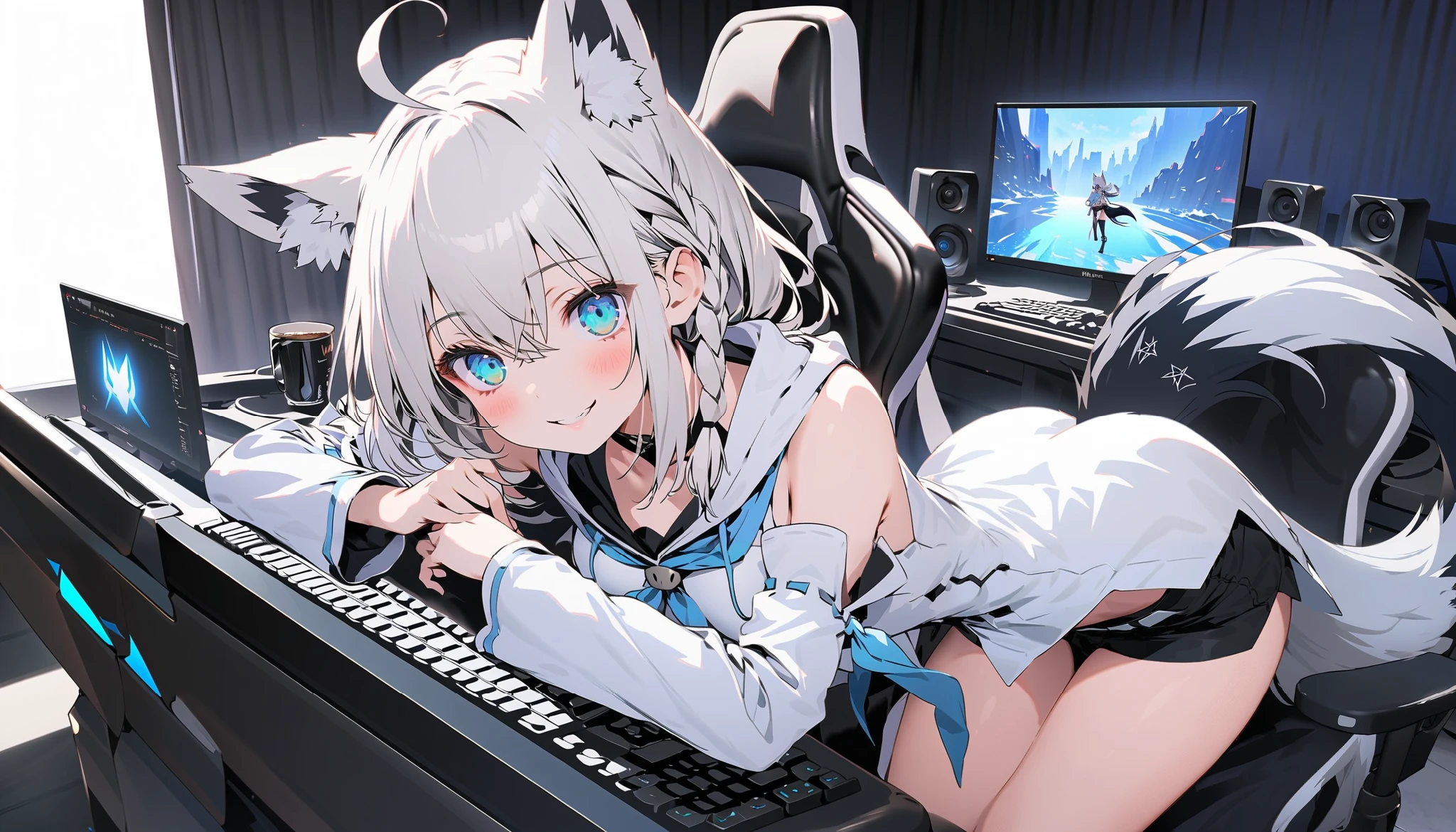 One Girl、One Scene、one-shot、Shirakami Fubuki、White Hair、Animal ears、look down、Looking down、smile、嘲smileスク水、Tiny swimsuit、Cleavage、Digging into the crotch、Sexy pose、Sexy pose、