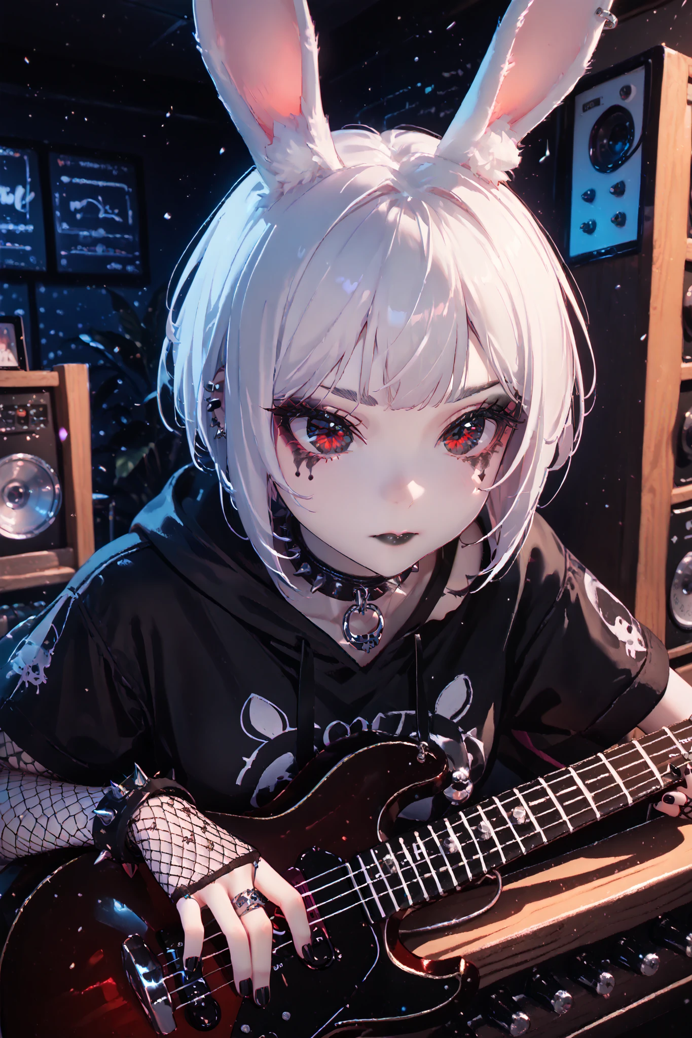 portrait, solo, 1girl, dark eyes ((Eyes with high detail, no defects, pupils of equal size)), demi-human, bunny-human, hybrid, real white bunny ears, big bunny ears, wary gaze, goth, pale skin, cute face, bold makeup, goth makeup, bold eyeshadow, black lipstick, a-cup breasts, white hair, short wolfcut, black cropped hoodie, spiked collar, fishnet gloves, black nails, black shorts, one dark stocking, one fishnet stocking, spiked bracelets, music, records, musical instruments, wooden decor, music records, cozy, indoors, sunny, evening, particles, fractal, best quality, 8k, highres, masterpiece, ultra-detailed, dramatic lighting,