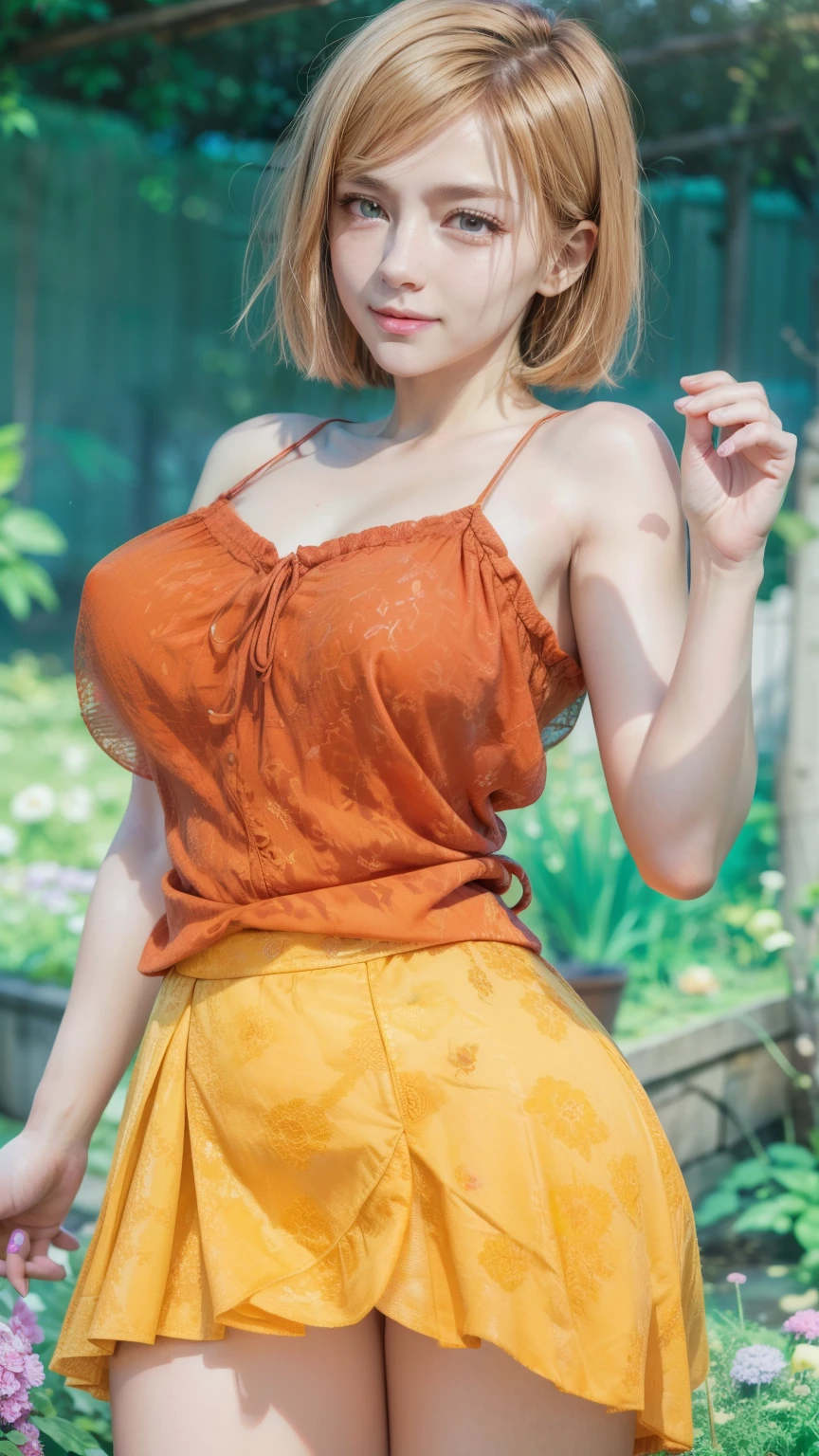 ((Highest quality, 8K, masterpiece :1.3)), Sharp focus :1.2, Beautiful woman with perfect figure :1.4, Slim Abs :1.2, ((Big Breasts, Emphasize cleavage:1.3)), (Photorealistic:1.4), (realistic:1.4), Highly detailed face and skin texture, Fine blue eyes, double eyelid. Makeup face. A little bit of lipstick, necklace, Earrings, sex appeal, Sexy gravure pose,  ((A beautiful blonde woman wearing a yellow camisole and white shorts、Smiling and posing sexy while playing with flowers in a spring park。:1.3)