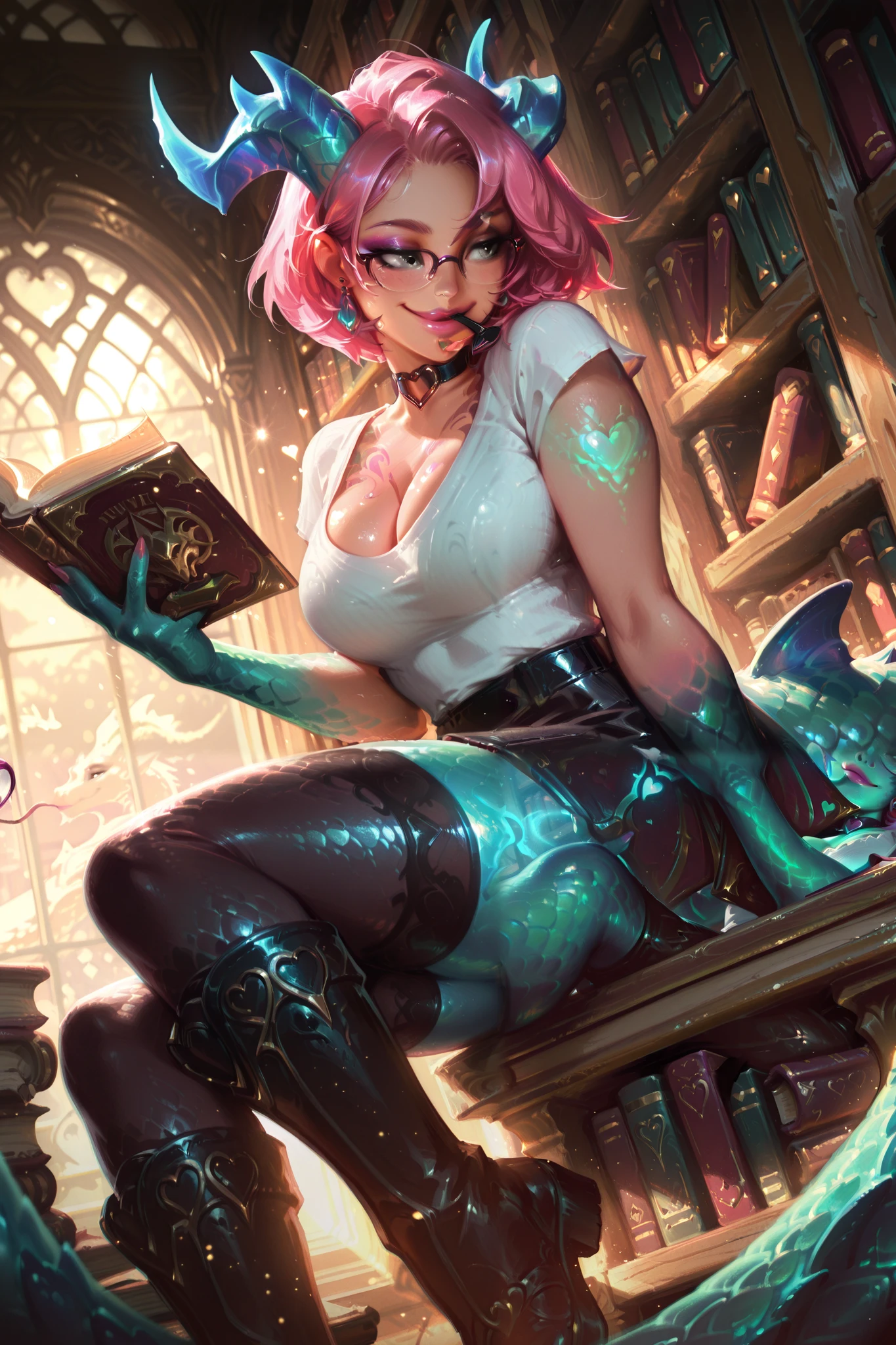 Smooth Quality, dynamic lighting, dynamic pose, dynamic angle, detailed background, library, bookshelves, books, sitting, 1 girl, green skin, dragon scale skin, short hair, pink hair, short haircut, slutty makeup, earrings, blue horns, dragon tail, large breasts, grey eyes, pink lips, glossy lips, puffy lips, heart-shaped choker, chest and neck tattoos, happy smile, seductive smile, glasses, biting glasses with mouth, smart look, casual outfit, white t-shirt, open cleavage, black leather skirt, thigh-high stockings, knee-high boots, holding a book, cozy library atmosphere, glowing tattoos, soft warm lighting, wooden furniture, intellectual vibe, playful expression