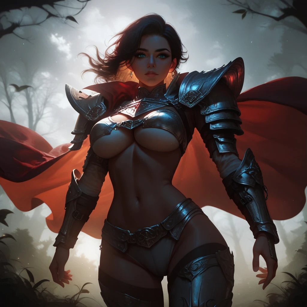 High resolution drawing of big long hair warrior facing the camera in space armor with muscular body, head turned to the right looking at a woman without any clothes on her knees with huge breasts, walking in a wide destroyed forest with the trees on fire, eagles and crows flying in the sky at dusk