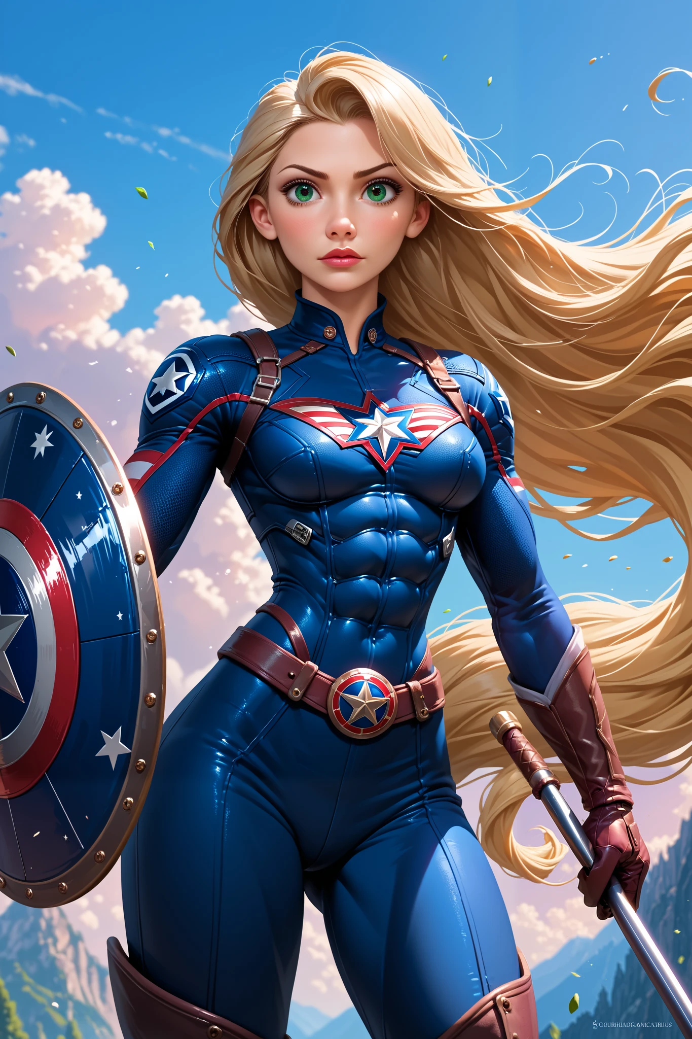 High Resolution, Masterpiece, Award Winning, HD, UHD, Rapunzel as Captain America, dynamic background, whole body, alluring, pretty, attractive