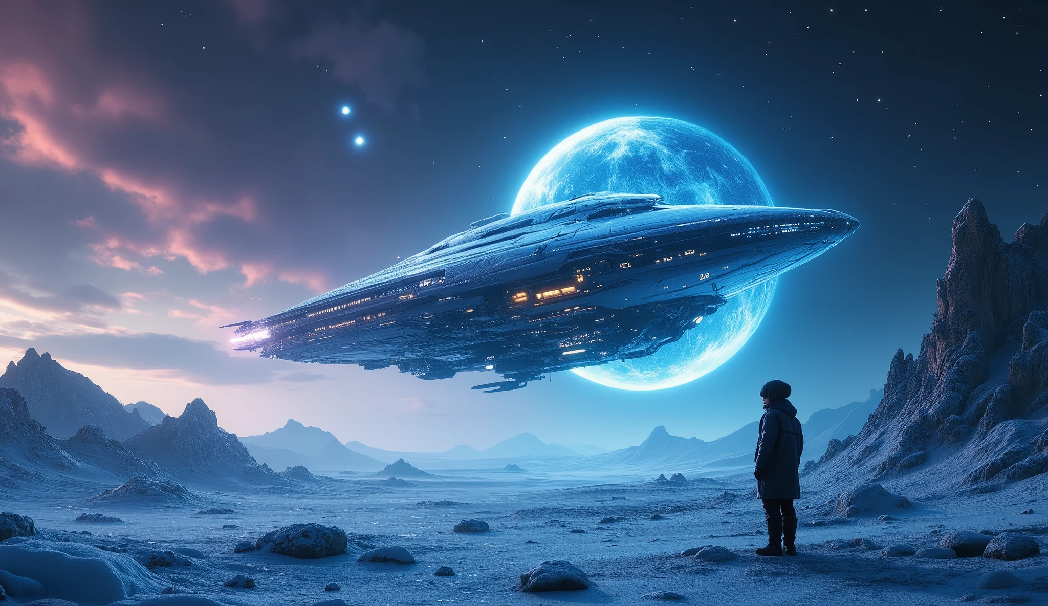 Spaceship flying over a mountain with a man standing in front of it ...