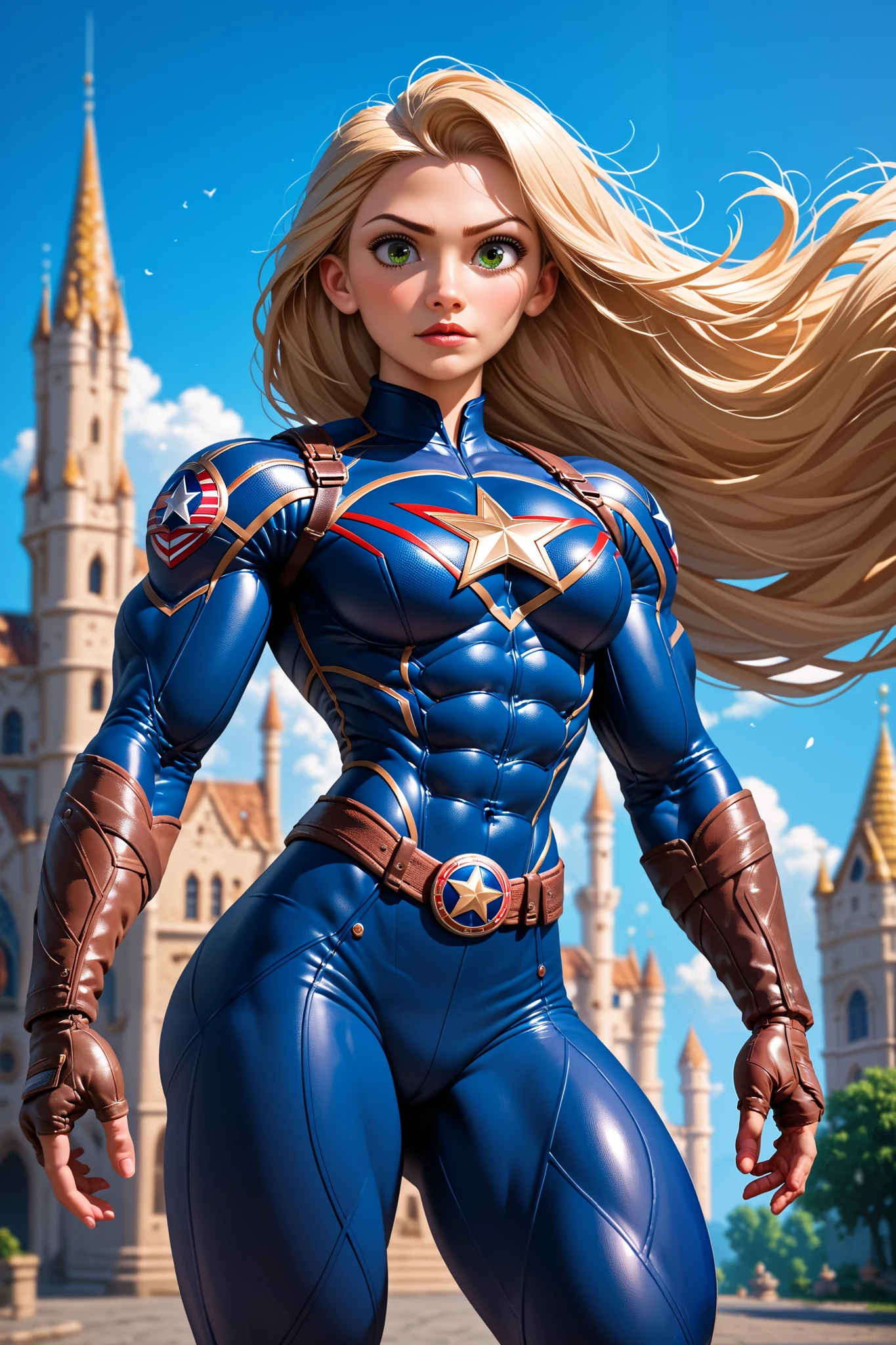 High Resolution, Masterpiece, Award Winning, HD, UHD, Rapunzel as Captain America, dynamic background, whole body, alluring, pretty, attractive