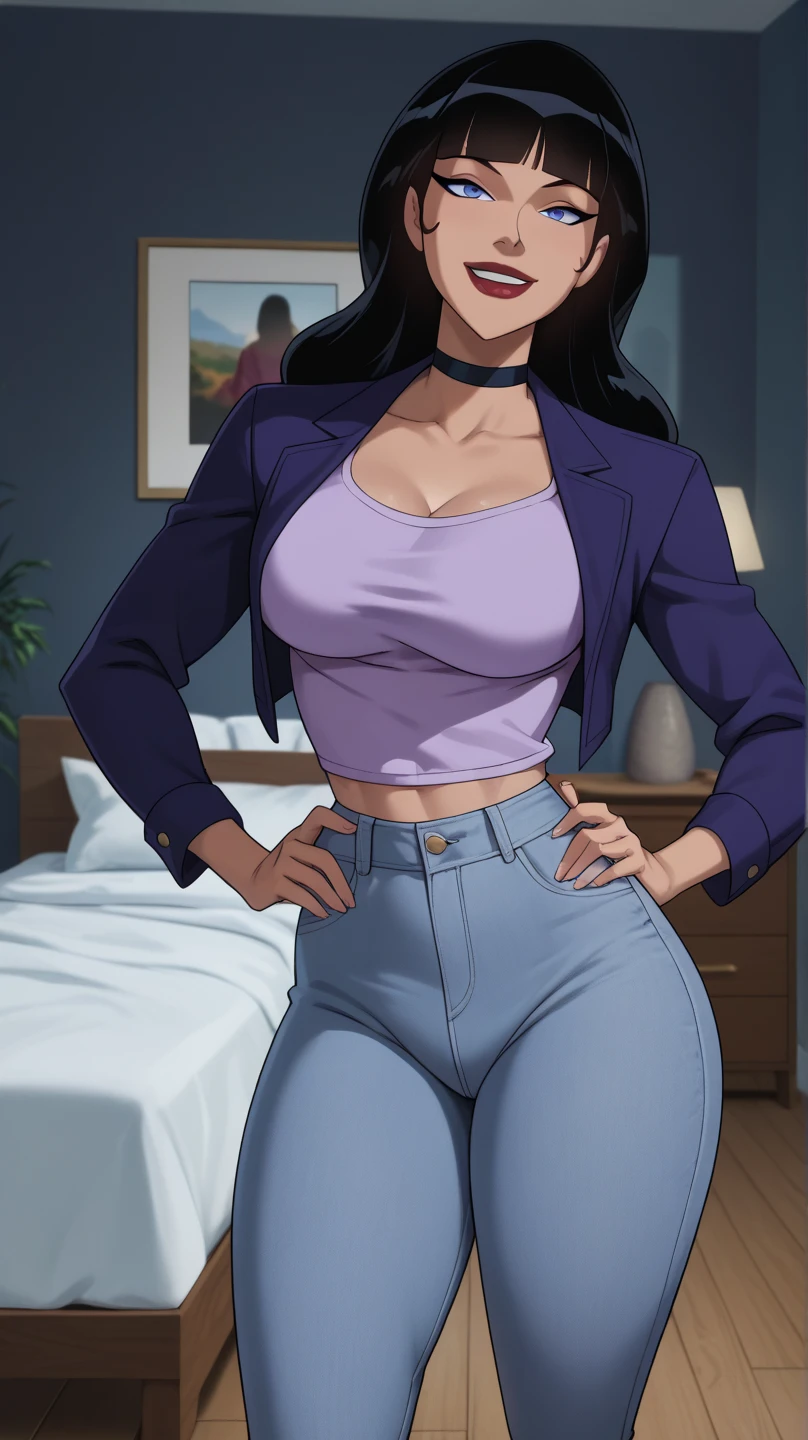 A girl with a big chest, firm black hair, long squares, purple eyes, a medium-sized rectangle, wears a metallic gray blouse with buttons, shows a navel, and her long light gray pants, adulthood, gold pocket, pants.