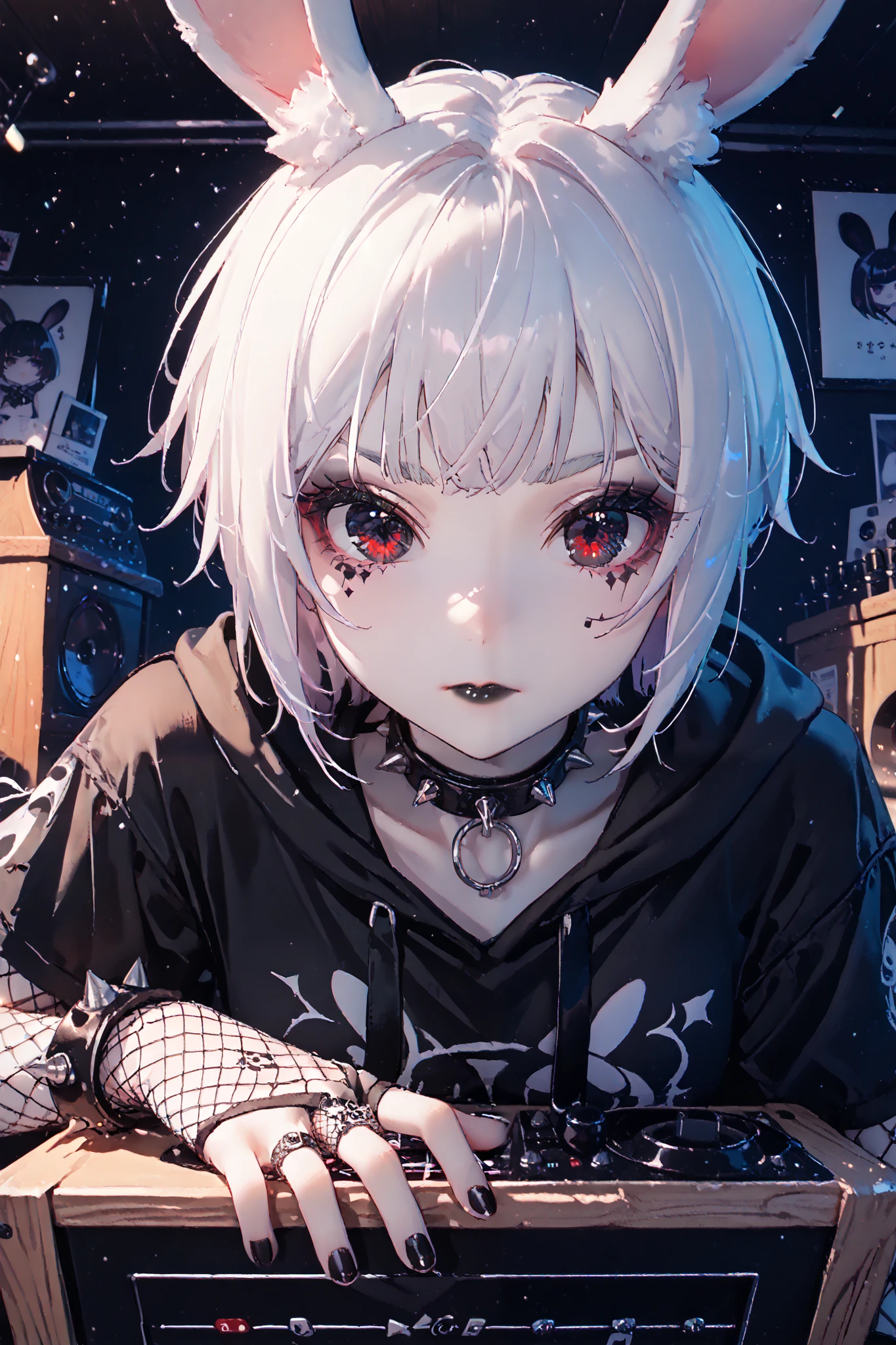 portrait, solo, 1girl, dark eyes ((Eyes with high detail, no defects, pupils of equal size)), demi-human, bunny-human, hybrid, real white bunny ears, big bunny ears, wary gaze, goth, pale skin, cute face, bold makeup, goth makeup, bold eyeshadow, black lipstick, a-cup breasts, white hair, short wolfcut, hair hides ears, black cropped hoodie, spiked collar, fishnet gloves, black nails, black shorts, one dark stocking, one fishnet stocking, spiked bracelets, music, records, musical instruments, wooden decor, music records, cozy, indoors, sunny, evening, particles, fractal, best quality, 8k, highres, masterpiece, ultra-detailed, dramatic lighting,