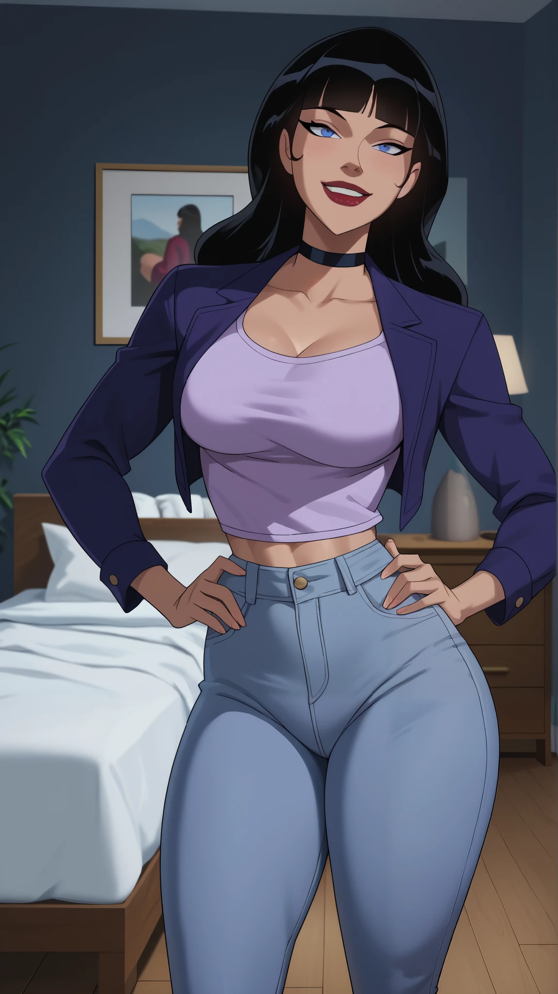 Score_9, Score_8_up, Score_7_up, Score_6_up, Score_5_up, Score_4_up, Source_cartoon, Tag1, Tag2, Quality_masterpiece, Anatomically correct, Beautiful face, Perfect face, Highly detailed beautiful face and eyes, Attractive face, Detailed face, Delicate facial features, Detailed skin, Wide hips, Huge butt, big butt, Thick thighs, Mature female, Bedroom eyes, Perspired BREAK Rating_safe, motherly face, bedroom, sultry woman, detailed eyes, looking at viewer, looking at viewer, mature female, young, sexy body, beautiful face, standing, Zatanna, long hair, blunt bangs, purple jeans, purple crop top,  choker,  indoors, smile, closed mouth,  red lipstick,  large breasts, happy expression,  blue eyes, purple leather jacket, black hair, open jacket, bedroom, hands on hips 