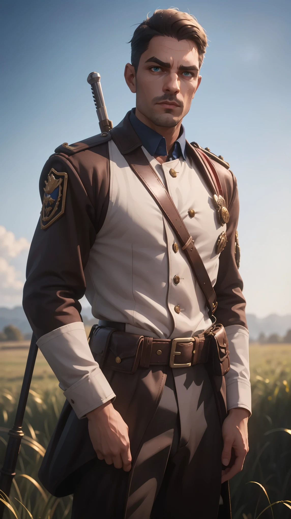 professional photo of pat32 in simple brown empire travel uniform with rank insignia on arms and leather belts, brown uniform, bullet bandolier, heathl male_focus, KTemplar, perfect eyes, upper body shot low lighting, moody, large depth of field, warhammer 40k, deep depth of field, highly detailed, (bright, good lighting, bright frontal light), three quarter shot, frontal image, standing in open grass terrain, sun, blue sky, looking to right, (upper body portrait), si-fi communication device on belt, ((soft light illuminating face)), manly,