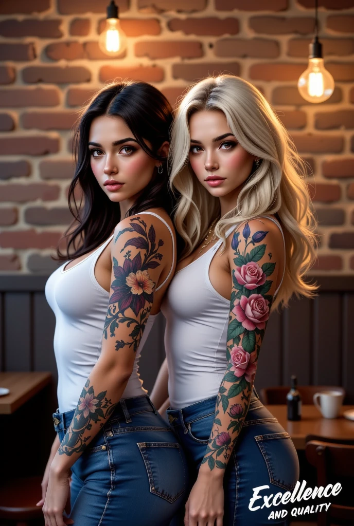 Two Beautiful girl , slim fit body , blonde hair, , crop top , rose pink lips, blushed cheeks, cute face , detailed skin, blue eyes, slim waist tattooed body