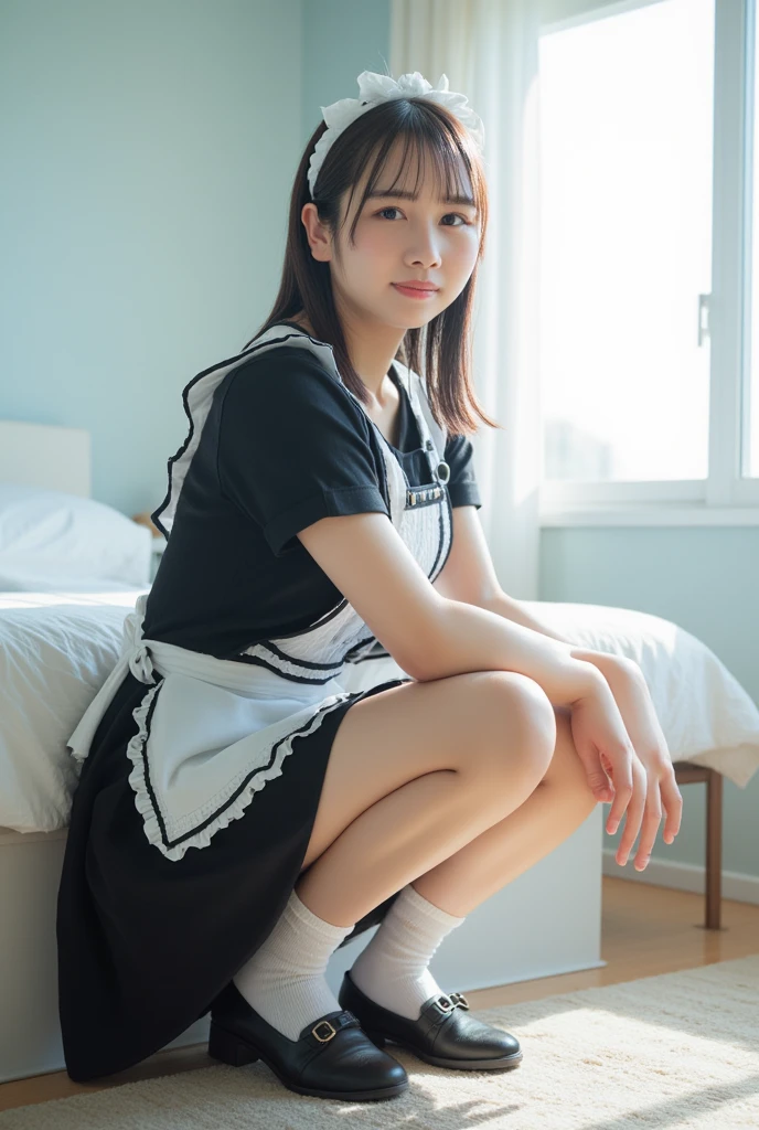 (8K, Raw photo, Best Quality, masutepiece:1.2), high-definition RAW color photography, professional photograpy, cowboyshot, (Realistic, photographrealistic:1.37), ((Best Quality)), 25 year old woman, Cinematic Light, (finerly detailed face:1.2), (masutepiece:1.5), (Best Quality:1.2), (Mole:0.5), (Smiling:0.9), (Looking at Viewer:1.2), hugging own legs, Squatting, Wrinkled white panties, bowtie, (Detailed Maid:1.2)