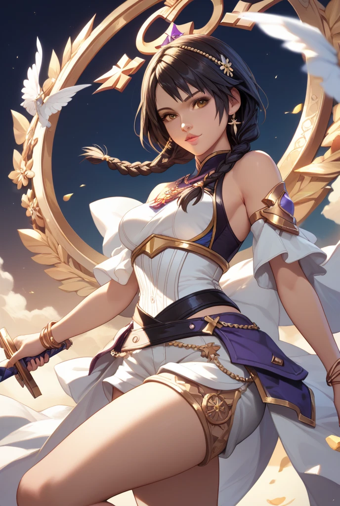​masterpiece、ful:1.3、stands、8k、。.3d、realisitic、Ultra Micro Photography、top-quality、Wallpapers with extreme details CG Unity 8k、frombelow、intricate detailes、(1 girl)、13years、Sailor Saturn:1.5,Hotaru Tsuchimoto:1.5,Sailor Senshi Uniform:1.2、Dark purple hair、Bob-cut hair fluttering in the wind,Sexy and dynamic model poses,dynamicposes,dynamic ungle、((Big long spear,battoujutsu stance,missiles,Big sickle,Popol Weapon:1.2 )),(Purple sailor color,Purple pre-gate mini skirt:1.4、Purple Pleated Mini Skirt:1.4、Show cleavage,cameltoe,Very thin and fit high gloss white holographic leather、High Leg Silver Swimsuit,very large red bow on the chest,,,,,,Very big red bow on the buttocks,Long white latex gloves,Purple gloves on elbows、luxurious golden tiara、metallic luster,Holographic Nagros,耳Nipple Ring,)、(Outline of the iris:1.3, Details of face:1.3、Bright blue eyes、Beautiful expression、beautidful eyes、shinny eyes、thin lipss:1.5、thin and sharp pale eyebrows,、long dark eyelashes、Double eyelashes、Luxurious Golden Jewelry、a small face、tiny chest:1.4、,Thin, thin and muscular,,,,,,,perfectly proportions、big breasts thin waist、Visible Pore、Young Face、Sad look,seducting smile、perfect hand:1.5、、octan render、highly dramatic picture、Strong natural light、sunlights、exquisite lighting and shadow、Digital SLR、sharp focus: 1.0、Maximum clarity and sharpness、((cosmos:1.3,Saturn:1.5、Saturn ring:1.5、The Sanctity of the Grim Reaper,cosmic background、rays of moonlight、Dynamic backgrounds、Detailed background)),(meishaonv,tierra,Gold tiara on forehead,a sailor suit),Sailor Saturn, Gold tiara on forehead