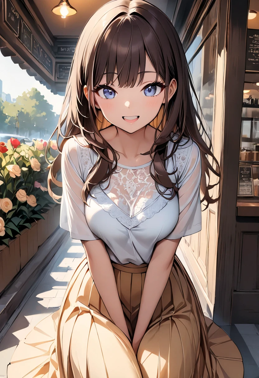 ((Ultra-detailed)), (top-quality), ((masterpiece)), ((Super exciting)), ((8K)), ((1080p)), ((extremely clear)), ((Very sophisticated)),((natural lighting)), ((depth of fields)), ((Glowing skin)), ((gleaming)), ((shiny-glistening)), (3D)), ((Perfect Anatomy)), (Realistic skin texture), ((Detailed face description)), (((perfect balance))), (((Solo))), ((a girl)), (grinned)),  (slanted eyes), (sitting), (grinned), (blouse), (pants), ((realistic background)),