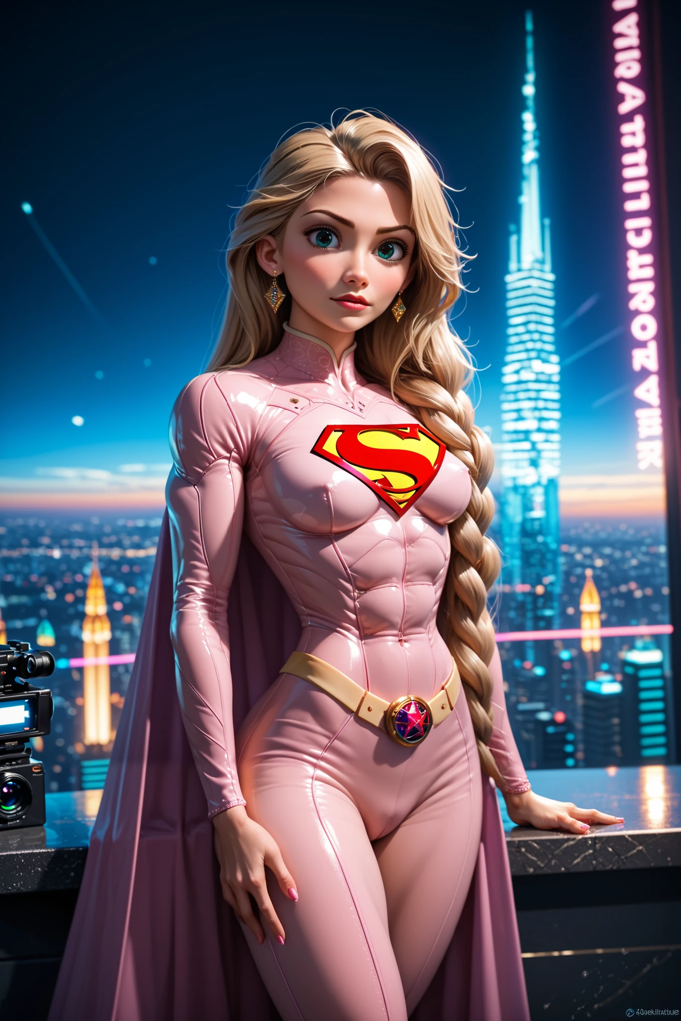 High Resolution, Masterpiece, Award Winning, HD, UHD, Rapunzel as Supergirl, dynamic background, whole body, alluring, pretty, attractive
