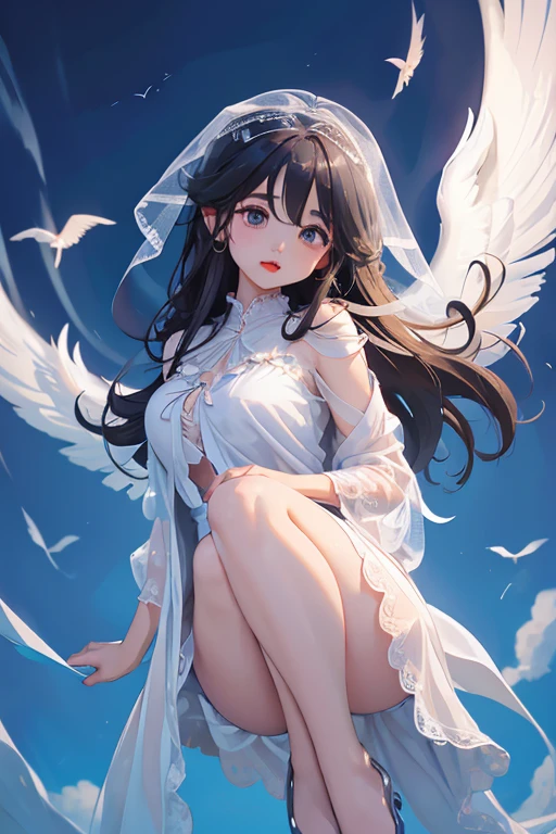 “"Giant breasts" + "large rear" + "wide hips" + " tiny waist" + "plump thighs" + "blue eyes" + "Black eyeliner" + (("shy expression")) + "Longcurly light brown color Hair" + "Red Lips" + "Lucious Lips"”)}, {“Outfit”: Seraphim white magic dress, magic fan weapon, white wings transparent, halo, Clouds, sun, Little wings on the head}).