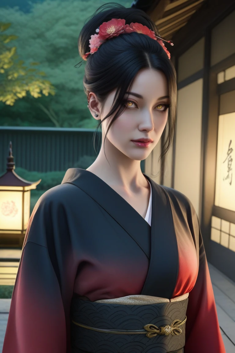 Jinah, a young Korean samurai woman in her twenties, possesses an imposing yet graceful presence. Her long hair, styled like that of a kunoichi, is dark black. Her deep brown eyes, almost black, hold a wise and determined gleam. Her face is fine and well-defined, reminiscent of Korean K-pop idols. Her expression is serious but can soften in the presence of those she protects. Her skin is fair and pale. She has an athletic and well-proportioned physique, with a few pleasant feminine curves. She is dressed as an samurai without sexiness. Ambiance sombre by Yang J, Guweiz, (best quality, 4k, highres, masterpiece:1.2), ultra-detailed, (realistic, photorealistic:1.37), HDR, UHD, studio lighting, ultra-fine painting, sharp focus, physically-based rendering, extreme detail description, professional, vivid colors, bokeh, portraits, landscape, horror, anime, sci-fi, photography, concept artists, vibrant color tones, atmospheric lighting