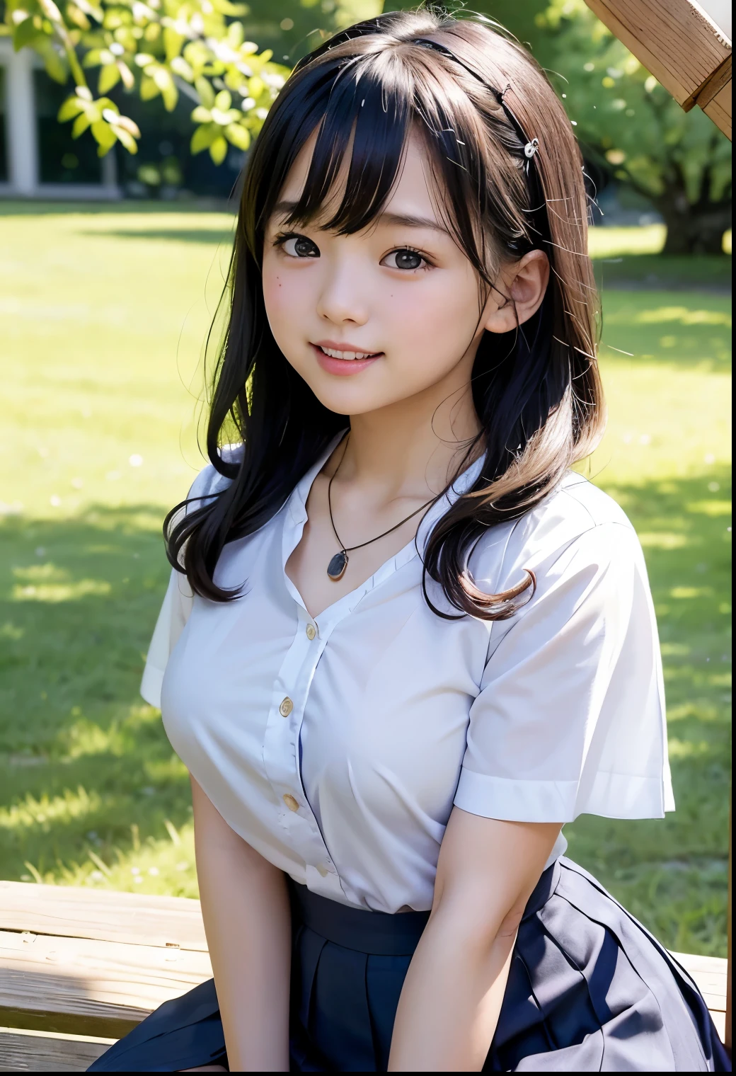 ( Highest quality, masterpiece:1.3, Ultra High Definition),( very well detailed、 Caustics) ( exists:1.4, RAW shooting、)Ultra- exists Capture、 very well detailed、 The natural skin texture of the、stands out on the pale blue background 、 masterpiece、( Japanese wearing a blouse and pleated skirt:1.3)、 adorable expression 、Expressions of joy、、: 、baby face、 innocent gzingly cute、the blackboard with the tip of the nipple 、 curly hair 、ribbons、 black hair、 big breasts、 Glowing Thighs、Shining Ass、 necklaces、On the lakeside in the shade of trees、Background details、smile、 An inviting gaze 、( anatomically accurate)、 cowboy shooting 、 attention to detail 、 lifts her chest from the bottom with both hands 、