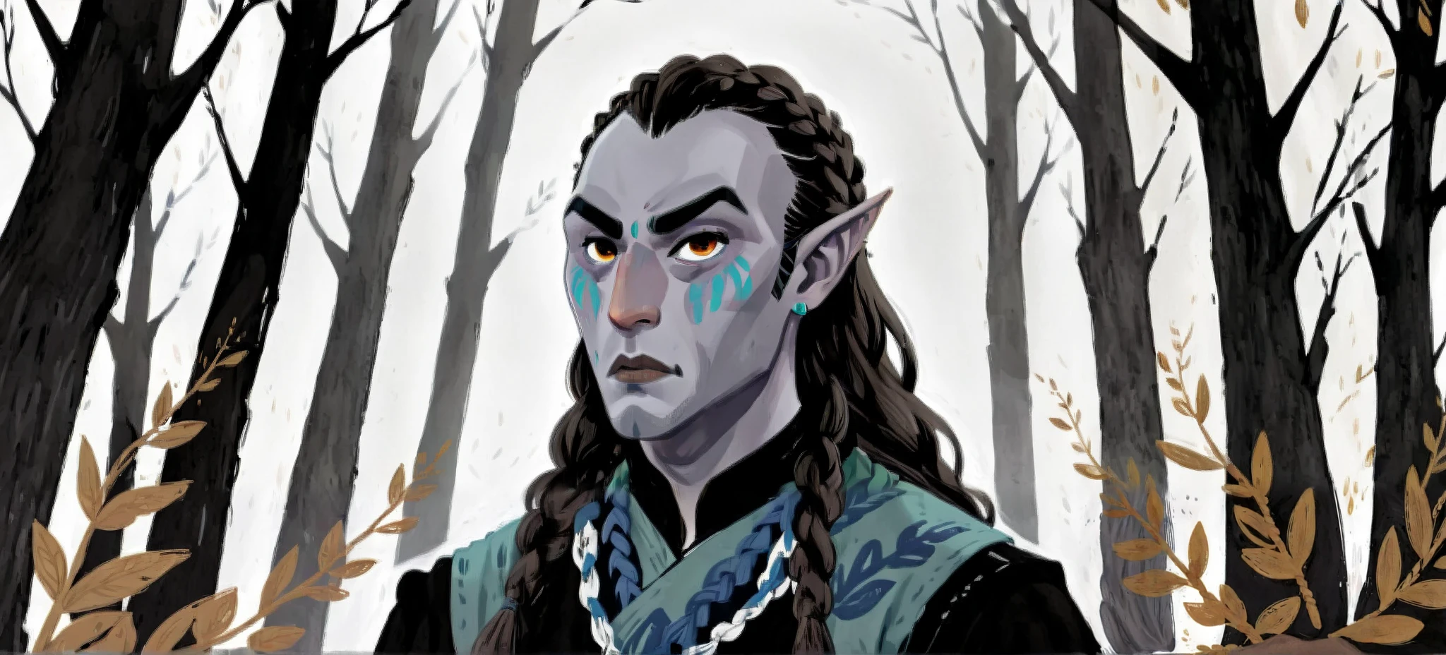 2D ART, hyper detailed gouache painting, illustration, gougoupaintleaves style, portrait of a man, 1boy, solo, long_hair, braided brown hair, high_ponytail_hairstyle, male_drow:1.5, dark elf, black eyes, black_sclera, detailed face, handsome features, dark medieval tunic, pointy ears, standing in a dark forest, pov from_below, frontal full body shot, on simple white background, full body shot, very detailed, ren's picture books, dumner