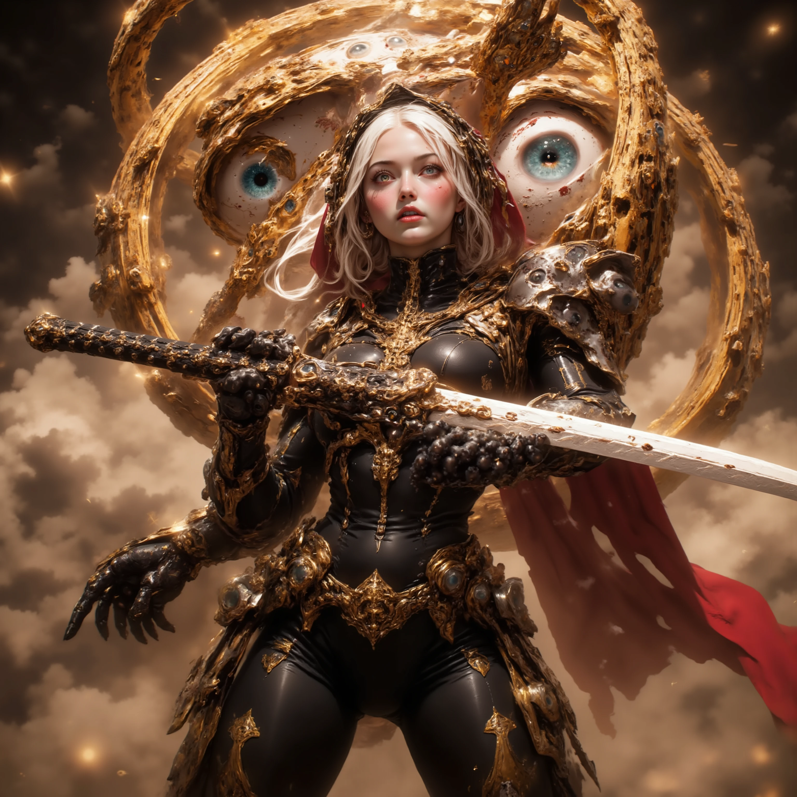 Cybernetic combat Nun with Shoulder length Blonde hair, tanned skin, glowing Blue Irises with black pupils and white Scalera, wielding a High tech Long Sword, Wearing a Red and Black Nun's Habit on her head, wearing a Black and Metallic Red High-Tech powered armor with golden accents and Silver cross on the armor, Gold and Black Binary Code streaming in the background, Giant Golden Ophanim Floating in the Air