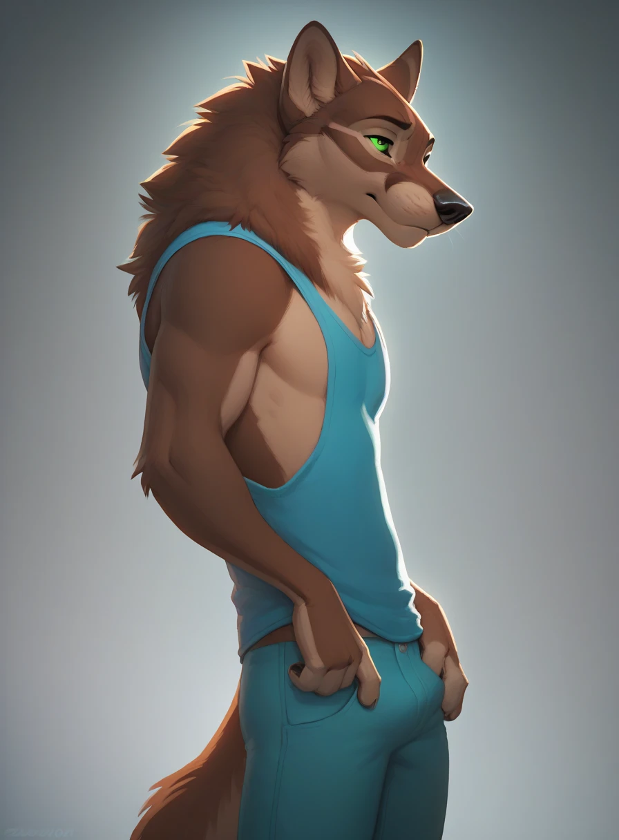 ((by Zackary911, by Bebebebebe, best quality, masterpiece, perfect anatomy, detailed picture)), 1male, Wolf, brown furs body, tail, dark brown eyes, young body, skinny fat body, blue crop top, black pants, brown boots, in the forest background