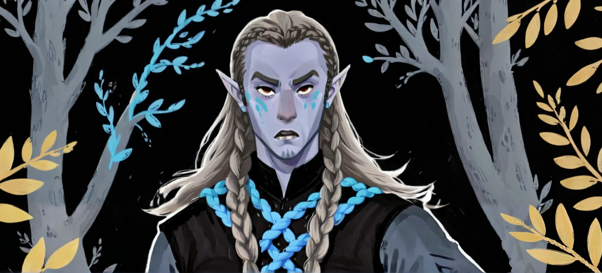 2D ART, hyper detailed gouache painting, illustration, gougoupaintleaves style, portrait of a man, 1boy, solo, long_hair, braided brown hair, high_ponytail_hairstyle, male_drow:1.5, dark elf, black eyes, black_sclera, detailed face, handsome features, dark medieval tunic, pointy ears, standing in a dark forest, pov from_below, frontal full body shot, on simple white background, full body shot, very detailed, ren's picture books, dumner