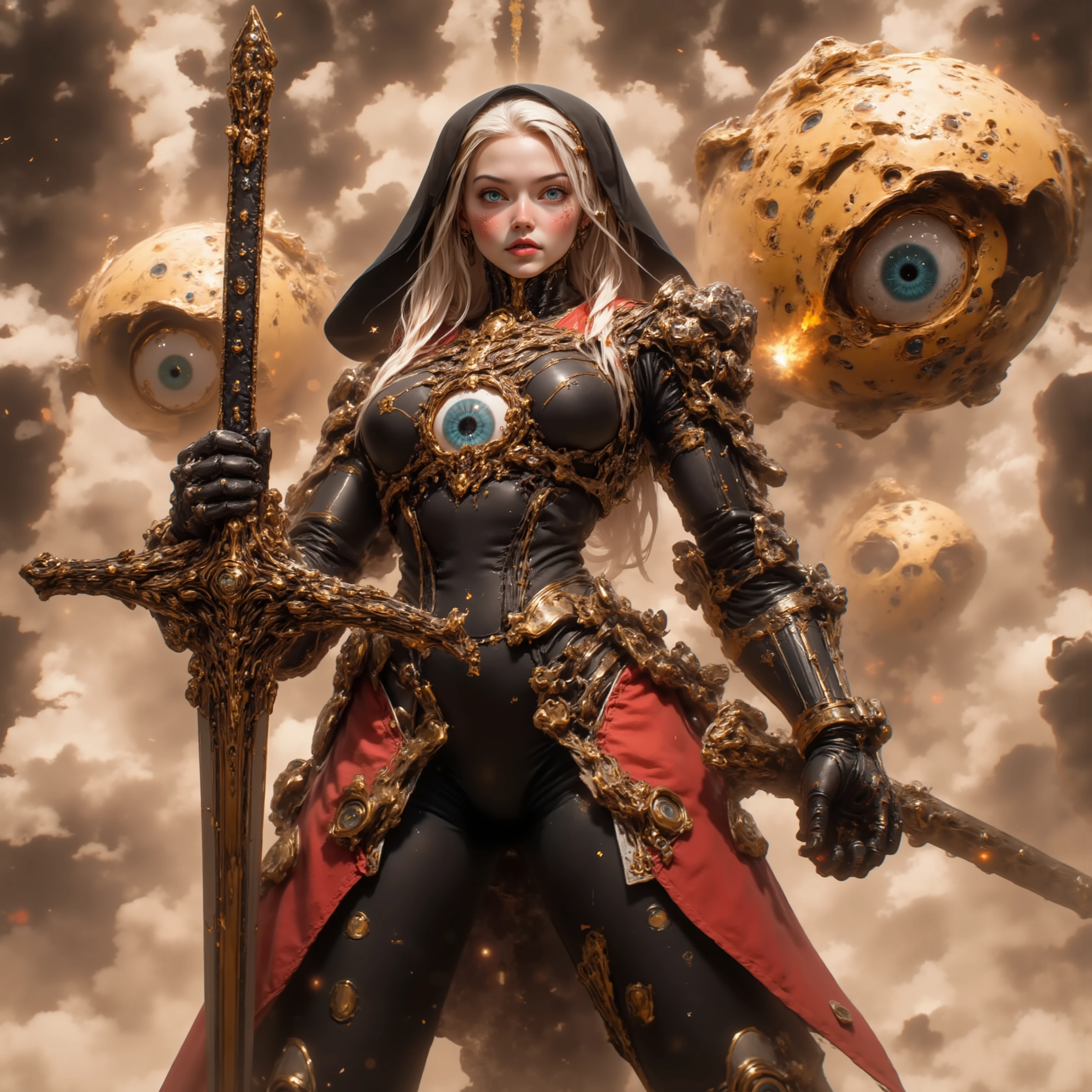 Cybernetic combat Nun with Shoulder length Blonde hair, tanned skin, glowing Blue Irises with black pupils and white Scalera, wielding a High tech Long Sword, Wearing a Red and Black Nun's Habit on her head, wearing a Black and Metallic Red High-Tech powered armor with golden accents and Silver cross on the armor, Gold and Black Binary Code streaming in the background, Giant Golden Ophanim Floating in the Air