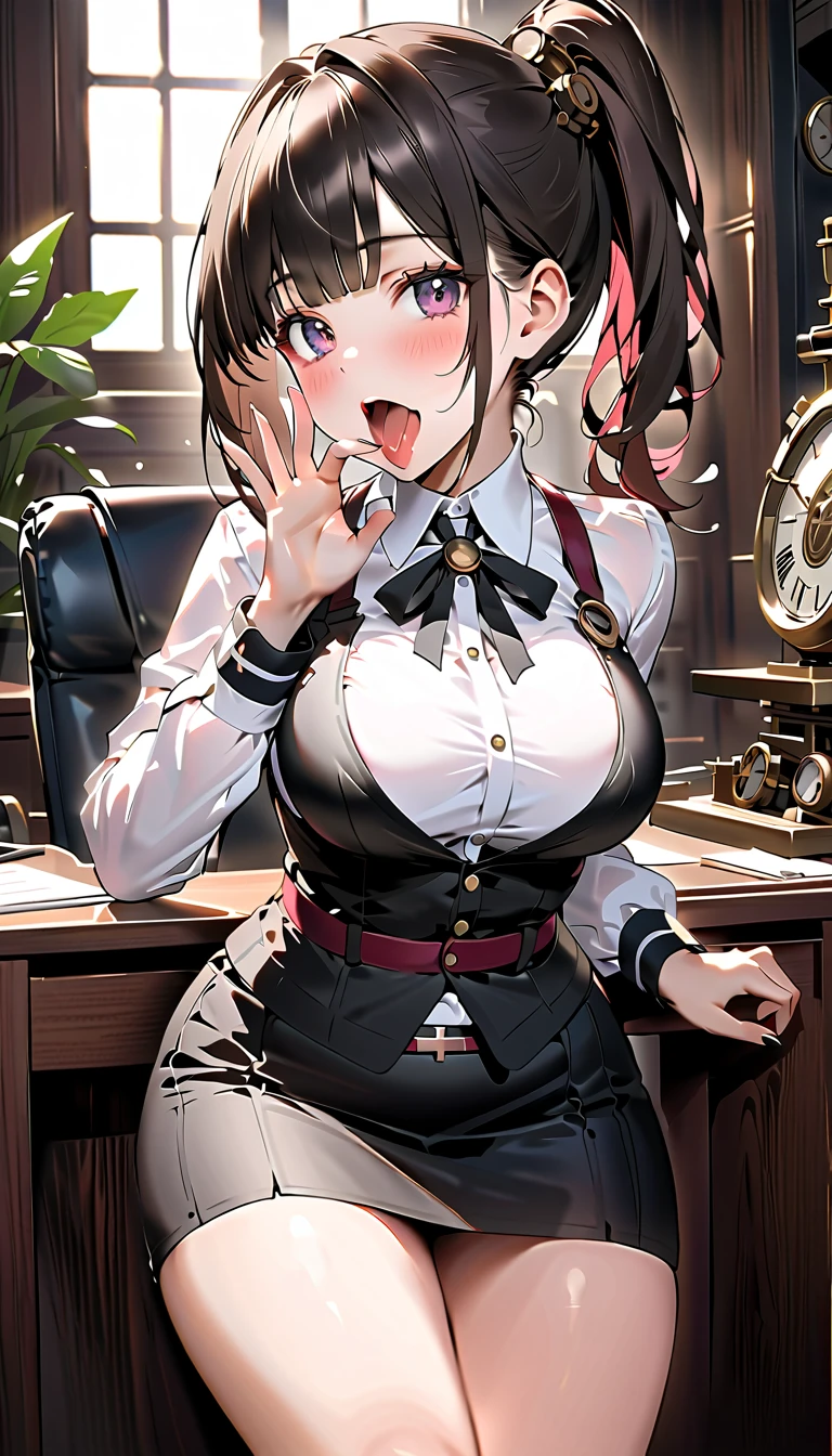(medium breasts:0.6),(from above:1.2), ((Face)), (Close-Up:0.4), (( eat a cake and have a coffee)),highest quality、(real、photorealistic:1.4),(ultra high resolution, 8K RAW photo, clear focus), best qualtiy, natural lighting, field depth, (Bright pupils, detailed beautiful eyes, high detailed face), Red lip, (tight focus:1.2, from below:1.2), sexy posing, erotic cute,cooking Research Institutes(beautiful and luxurious:1.2),(double breasted:1.0,under bust:1.0), gap between buttons,(((corset belt))),(((high waist skirt,))) seductive weak smiling,(with sparkling eyes and a contagious smile),open mouth, Looking at Viewer