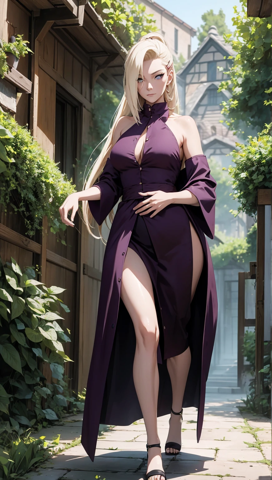 ((big breast, big hips, big thighs)), albino female, albino skinned, pale white skinned, longer elf ears, purple eyes, (Korean platinum hairpin), Korean {purple} hanbok sexy sorceress dress, (pelvic curtain), peep-toe ankle strap platform heel {brown} {wooden} shoes, Korean sorceress, ((full body)), ((masterpiece, perfect detail, perfect art, ultra perfect detail, ultra perfect art, perfect body detail, ultra perfect body)), {purple} magic effects on hand