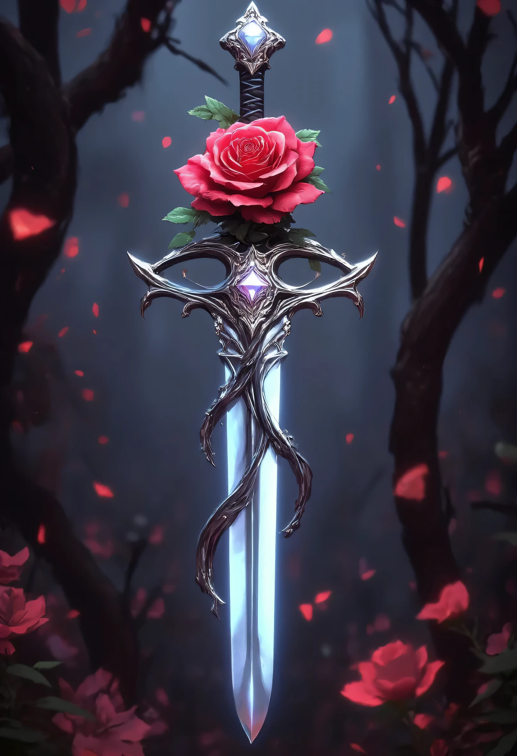 arafed high details, best quality, 16k, (ultra detailed: 1.5), masterpiece, best quality, (extremely detailed), RAW, dnd art, fantasy art, an epic sword with a rose vine entwined on the blade, a magnificent silver shinning sword, with a diamond in the hilt, there is a red rose vine entwined along the blade, dynamic fantasy background, invert color