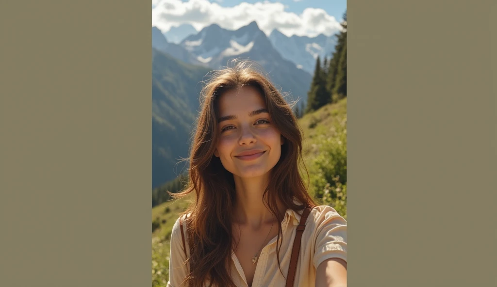 1 woman((Upper Body Selfie, happy)), masterpiece, Best Quality, ultra detailed, alone, exterior, (evening), mountains, nature, (stars, official) happy, happy, naked