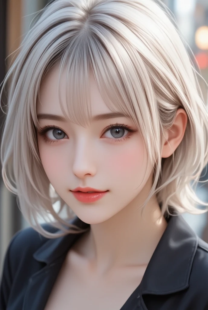 photo, potrait, 1 girl, white short hair, black shirt, detailed skin, office background, natural lighting, 8k, raw, masterpiece, great quality, intricate details,