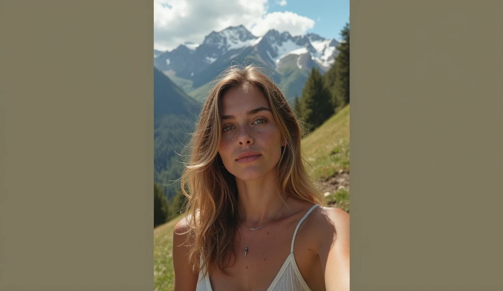 ((Tir lointain)) blonde influencer with long, naturally wavy hair, yeux verts, sexually, large , the mountain, look élégant et moderne, relaxant, leisurely, extravagant , 8k, extremely detailed, Photorealistic, complicated details, Texture de peau réaliste, realistic hair, texture, Blessed, 8K  UHD, best quality, high resolution, attention aux détails, très large , Tir lointain, large angle