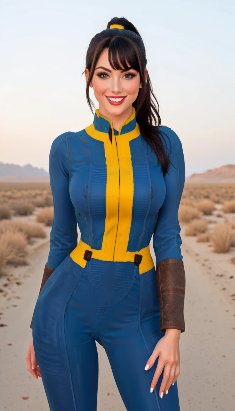 A full body photograph of a brown hair woman wearing a Vault Suit in a desert wasteland, cleavage, <lora:Fallout_Vault_Suit-000008:0.5> <lora:rileyreid_SDXL:1>