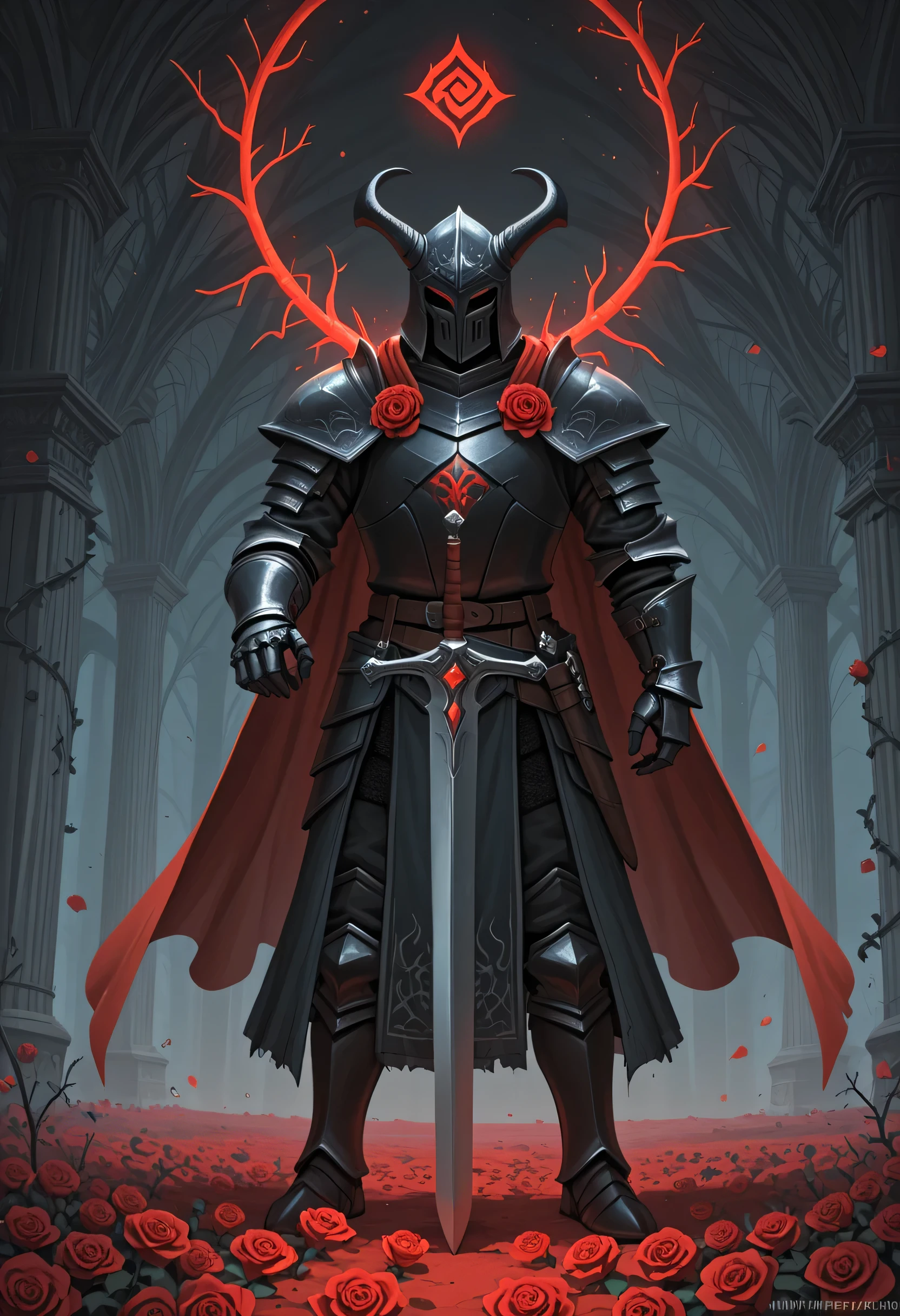 arafed high details, best quality, 16k, (ultra detailed: 1.5), masterpiece, best quality, (extremely detailed), RAW, dnd art, fantasy art, an epic sword with a rose vine entwined on the blade, a magnificent silver shinning sword, with a diamond in the hilt, there is a red rose vine entwined along the blade, dynamic fantasy background, invert color