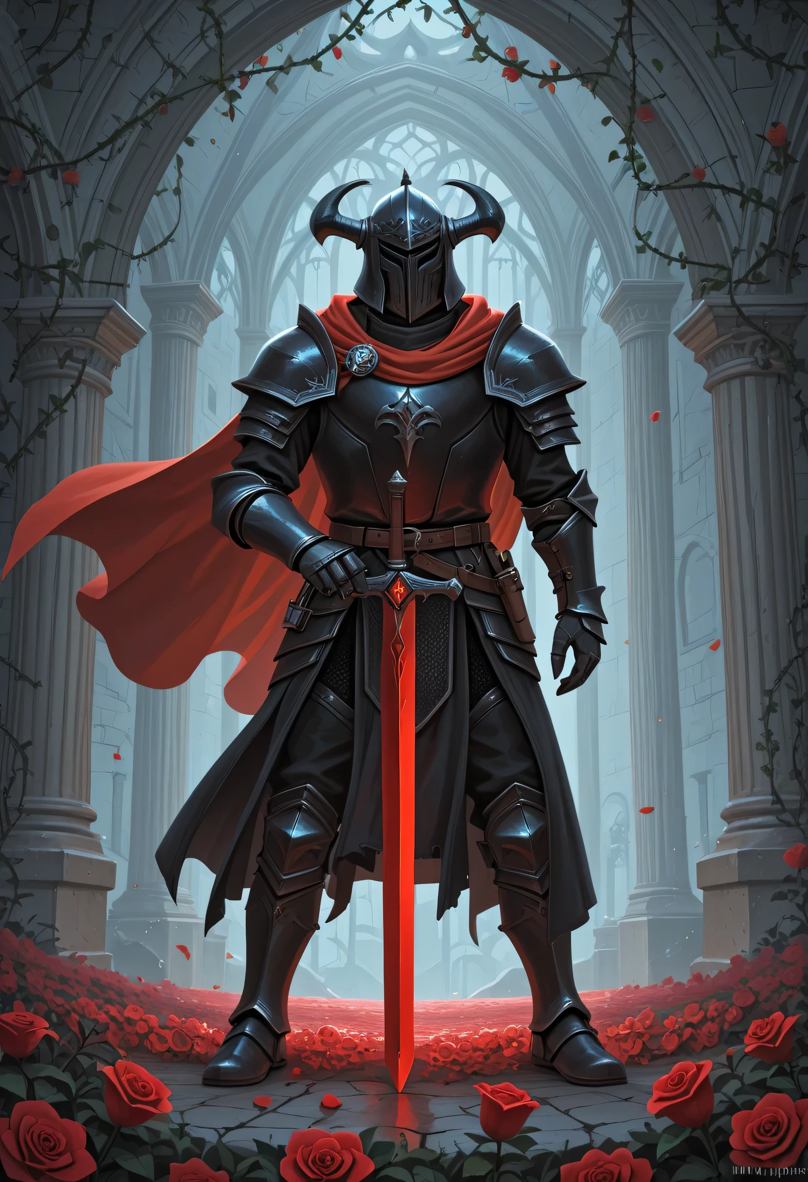 arafed high details, best quality, 16k, (ultra detailed: 1.5), masterpiece, best quality, (extremely detailed), RAW, dnd art, fantasy art, an epic sword with a rose vine entwined on the blade, a magnificent silver shinning sword, with a diamond in the hilt, there is a red rose vine entwined along the blade, dynamic fantasy background, invert color