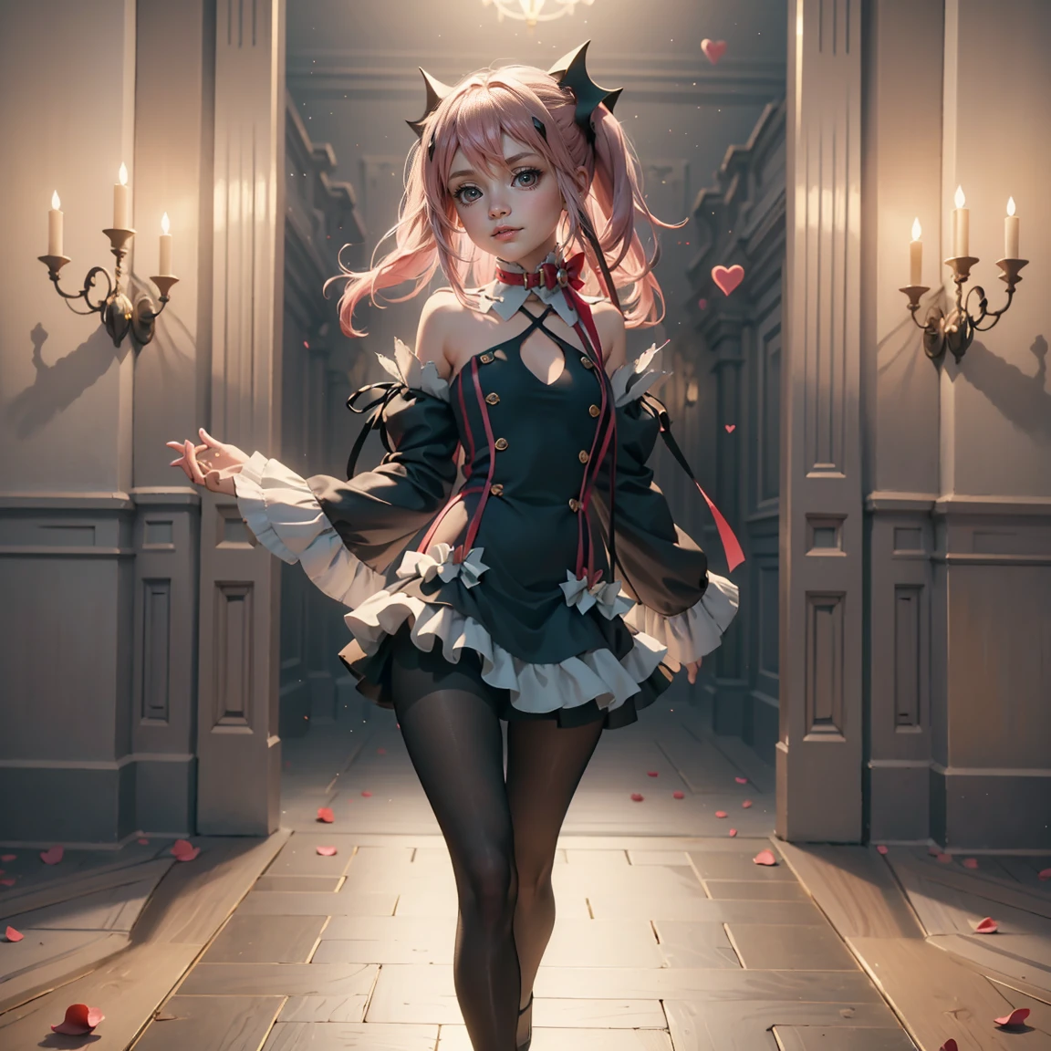whole body,Beautiful woman、20-year-old, flying,Arms raised up pose,Game character costumes,novel,Gothic Punk,dress,Long, slender legs,Model body type,boots,image color: Black and Pink,Cobblestones, lanthanum,A red wooden shrine, cherry blossoms, petals in the wind, Calm, mysterious, high quality, 