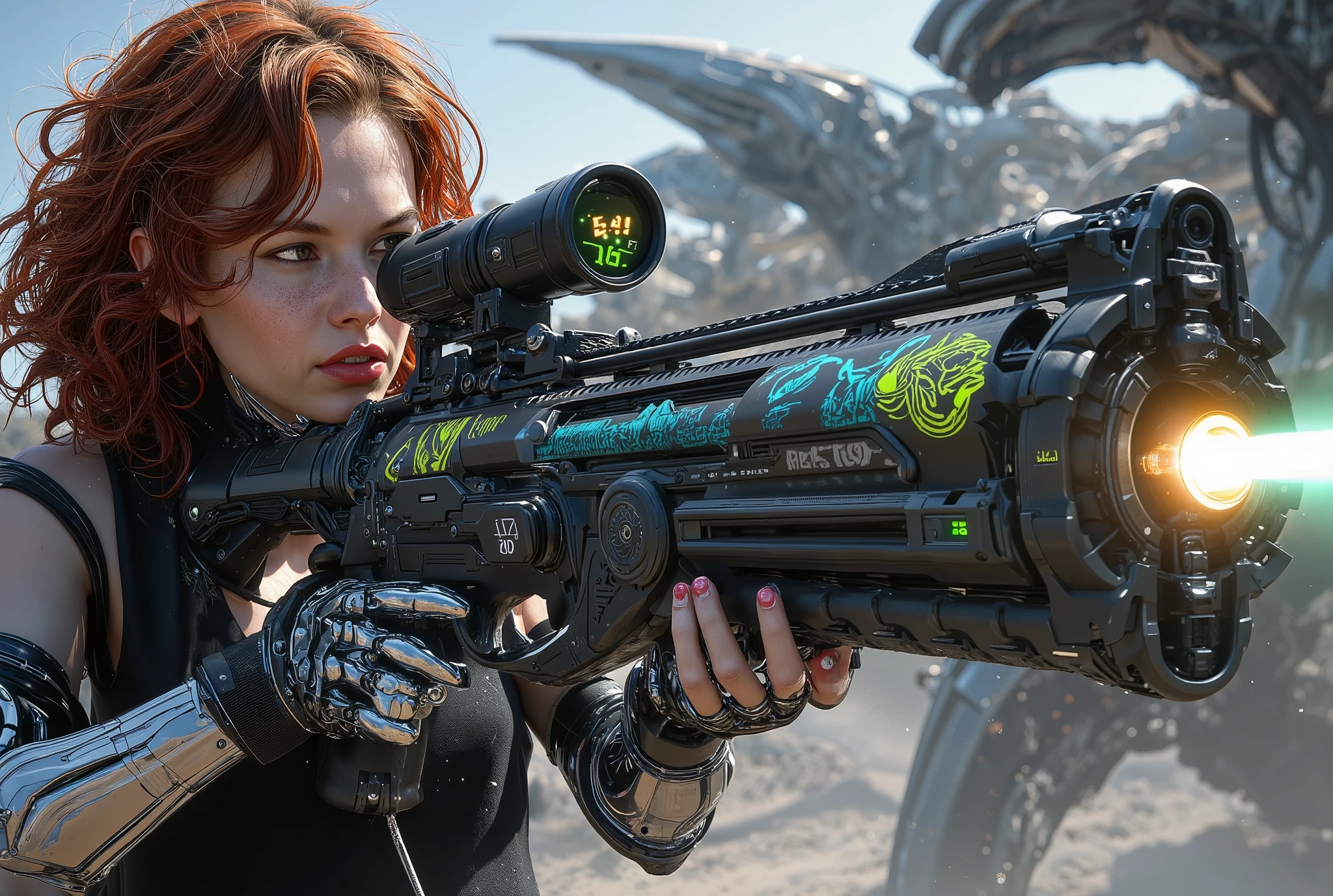  [Style: "masterpiece, realistic (Photorealistic realism), Hyper high resolution, (ultra quality, intricately detailed digital art), focus on extremely Realistic Proportion Body"] (Key Directive: "Prioritize anatomical accuracy and material textures") {Character: "20-year-old white female" | Face: "symmetrical, pale skin, full lips, red lipstick: 1.15" | Hair: "waist-length red curly (setting light reflections: 0.5)" | POV: {(("first person view"))} | ((first person shooting position)) "hold a Custom Railgun in hends" Weapon: "Custom Railgun (StatTrak™ module)" | Railgun side Engraving : "Japanese dragon (green/blue paint:1.4)" | Display: "((side-mounted counter (red LED '589')))" | Attachments: - "Underbarrel flamethrower "(aim through the scope at running targets ((the human-like very large angry black animal))) (shoot with continuous fire)"- "active, orange/blue flames:0.3, white/yellow flash:0.3" - (hot, smoking") - "Green laser sight (beam visible in airborne dust)" Environment: "unknown planet in an alien galaxy (unknown species of vegetation, animals), day" | Lighting: "(Cinematic clarity and global illumination)" - "aim at the target and shoot'' - ''Muzzle flash from rifle (temporarily illuminates face)" "((background – clear and sharp human-like large black alien, ((chaos and terror")))) (Rendering engine: "Unreal Engine 5 path tracing, 16K texture maps") } 