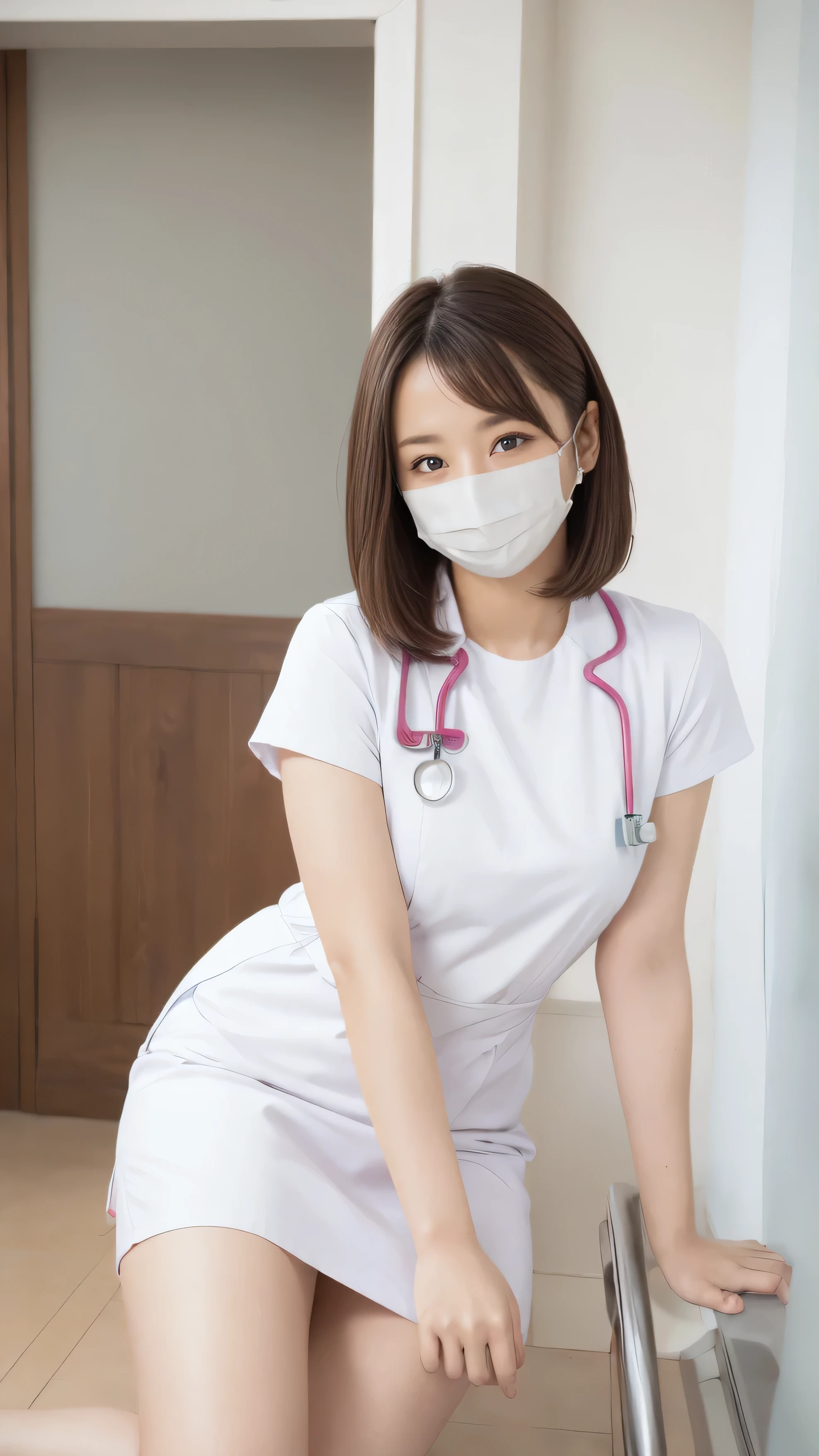 sitting,Bright indoors、1 Japanese Girl, big smile ,(Wearing white Nurse clothes:1.2),(RAW photo, Highest quality), (realistic, photo-realistic:1.4), masterpiece, very delicate and beautiful, very well detailed, 2k wallpaper, wonderful, finely, very well detailed CG unity 8k wallpaper, very well detailed, high resolution, Soft light, Beautiful Detailed Girl in a Blue Trench Coat , very well detailed eyes and face, beautifully detailed nose, finely beautiful eyes, Nurse, perfect anatomy, black hair, upstyle, Nurse uniform, ((mask)), miniskirt, Nurse, pink clothes, thin, clear , white uniform, Neck auscultation,bob cut、Front 、 cross your legs