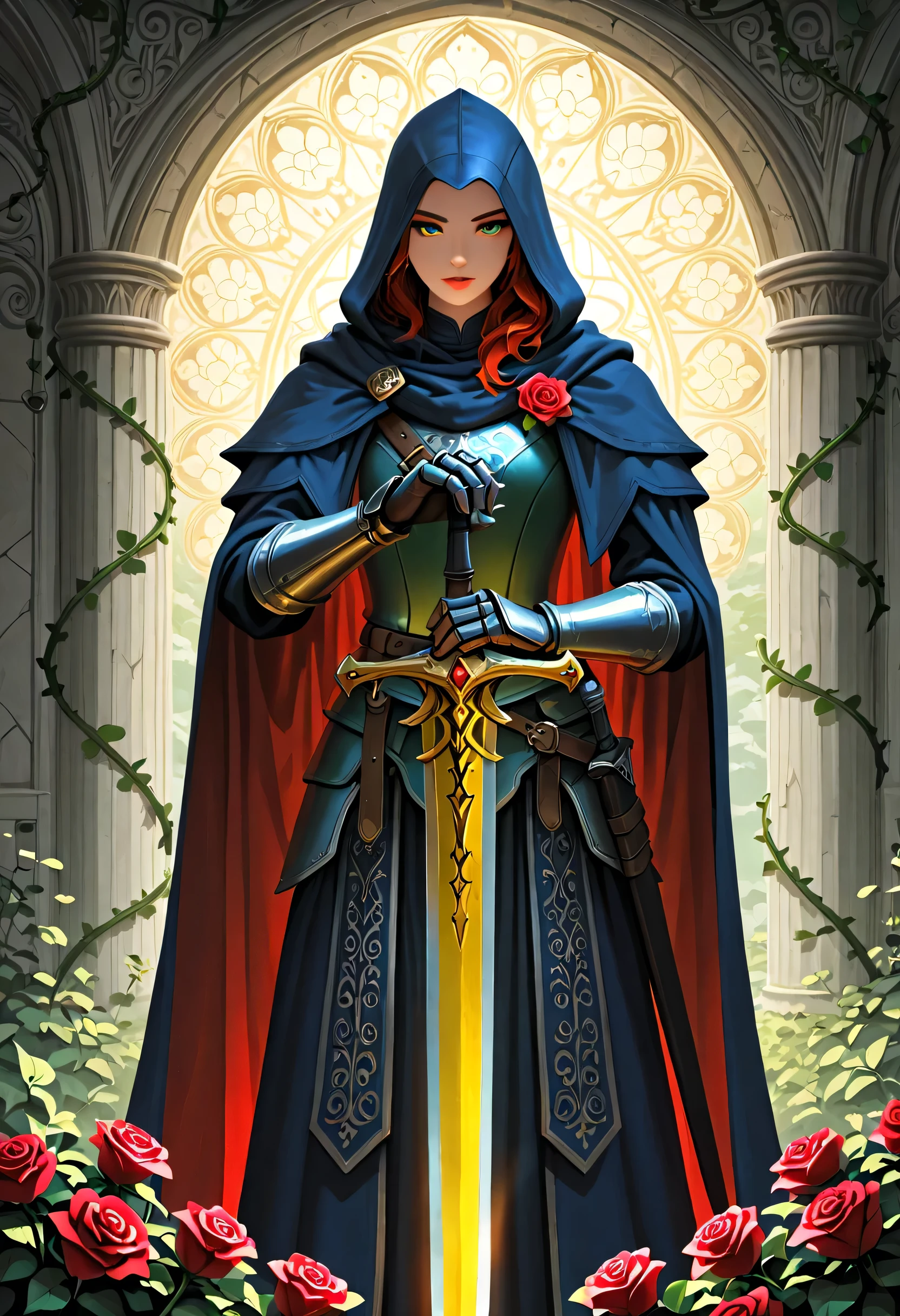 arafed high details, best quality, 16k, (ultra detailed: 1.5), masterpiece, best quality, (extremely detailed), RAW, dnd art, fantasy art, an epic sword with a rose vine entwined on the blade, a magnificent silver shinning sword, with a diamond in the hilt, there is a red rose vine entwined along the blade, dynamic fantasy background, invert color