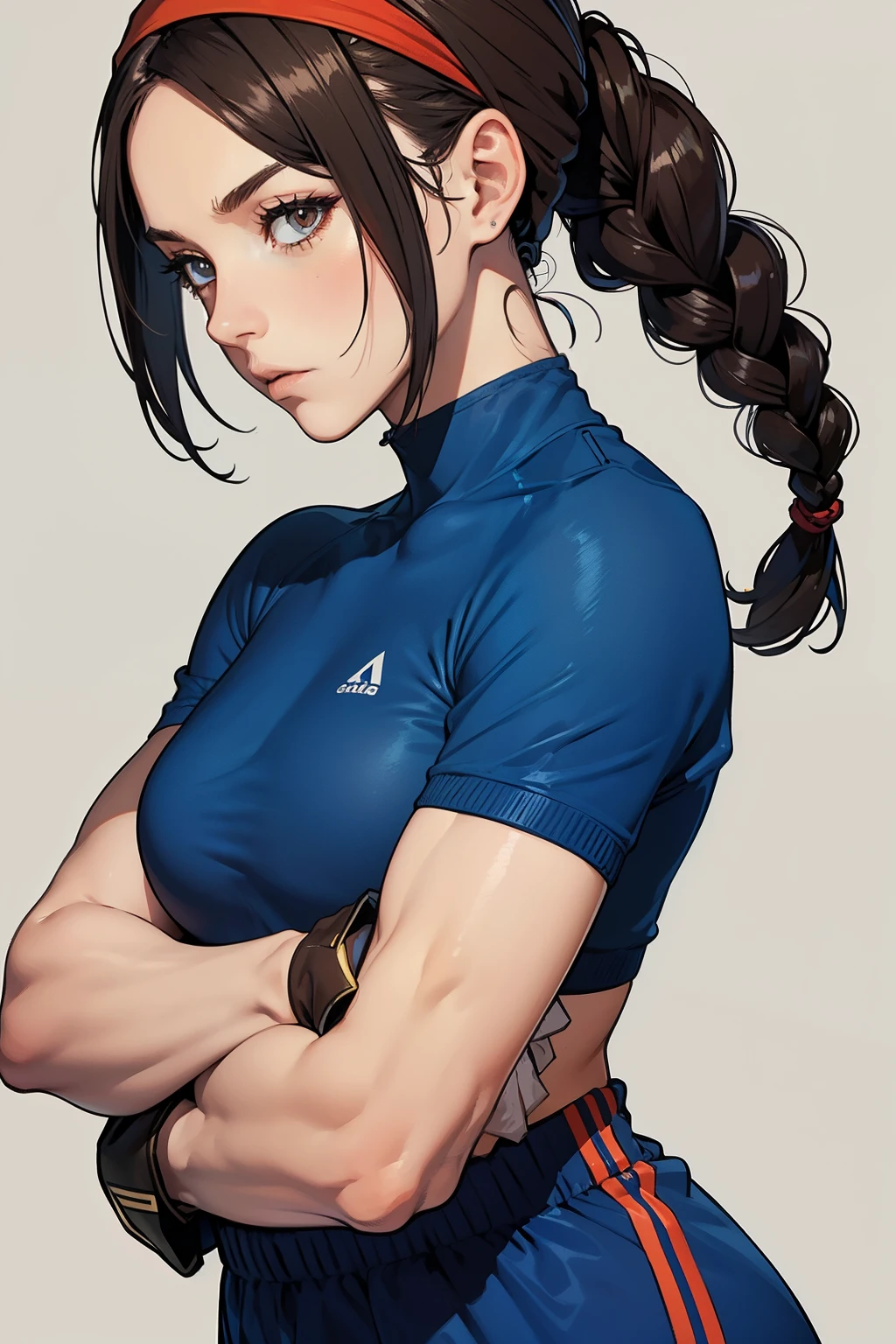 a cartoon of a woman and a man in a gym outfit, muscular sweat lara croft, by Android Jones, amazing wallpaper, super buff and cool, sweaty abs, rotoscope, fit girl, upper body avatar, background image, cool background, rotoscoped, full body close-up shot, ig studios anime style, digital comic, badass pose