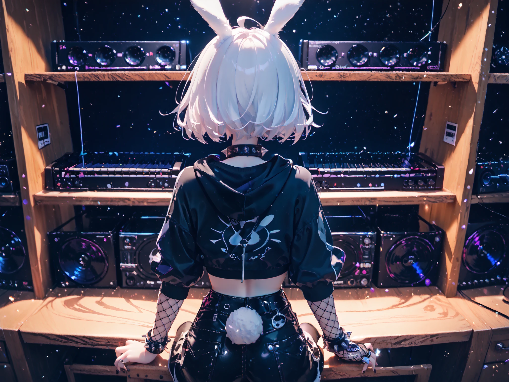 (back to the viewer), solo, 1girl, demi-human, bunny-human, hybrid, real white bunny ears, big bunny ears, white bunny tail, goth, pale skin, cute, a-cup breasts, white hair, short wolfcut, hair hides ears, petite, black cropped hoodie, spiked collar, fishnet gloves, black nails, black shorts, one dark stocking, one fishnet stocking, spiked bracelets, walks between the shelves with vinyl records, vinyl, musical instruments, wooden decor, cozy, indoors, sunny, afternoon, particles, fractal, best quality, 8k, highres, masterpiece, ultra-detailed, dramatic lighting,