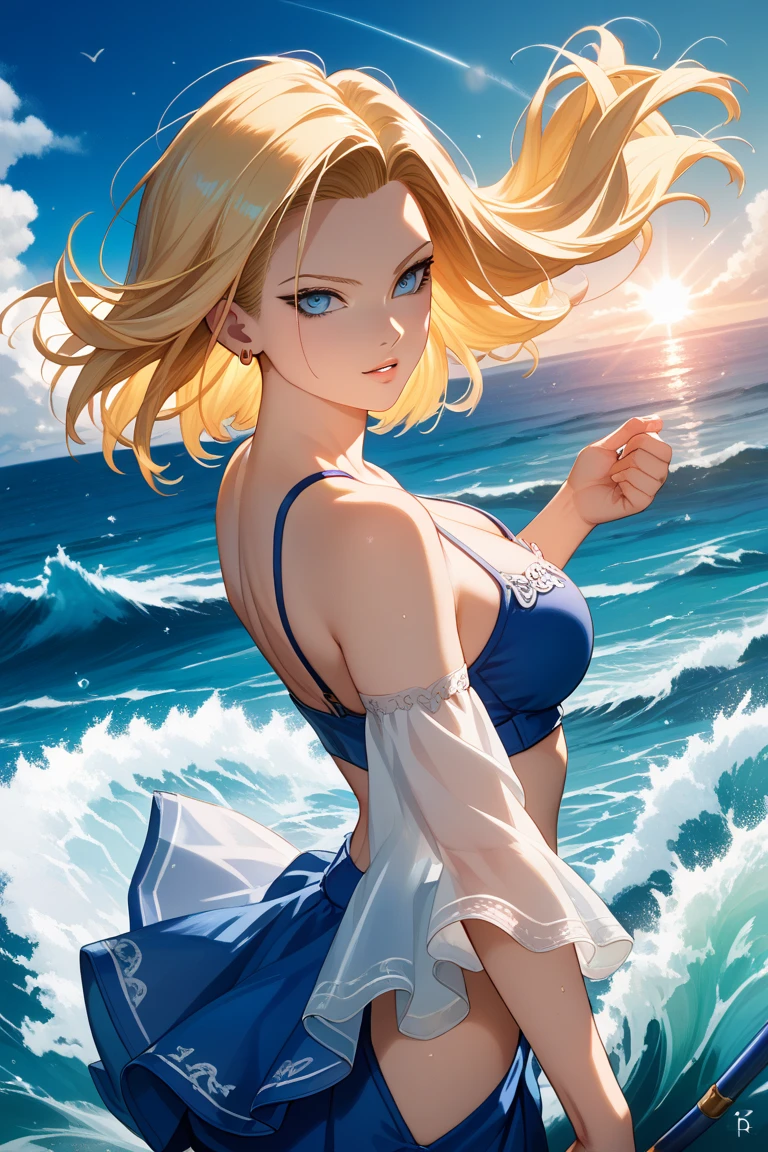 Illustration masterpiece,style of anime,Splashing in the water,swim wears,Long yellow hair,1 cute girl,Facing the sea。