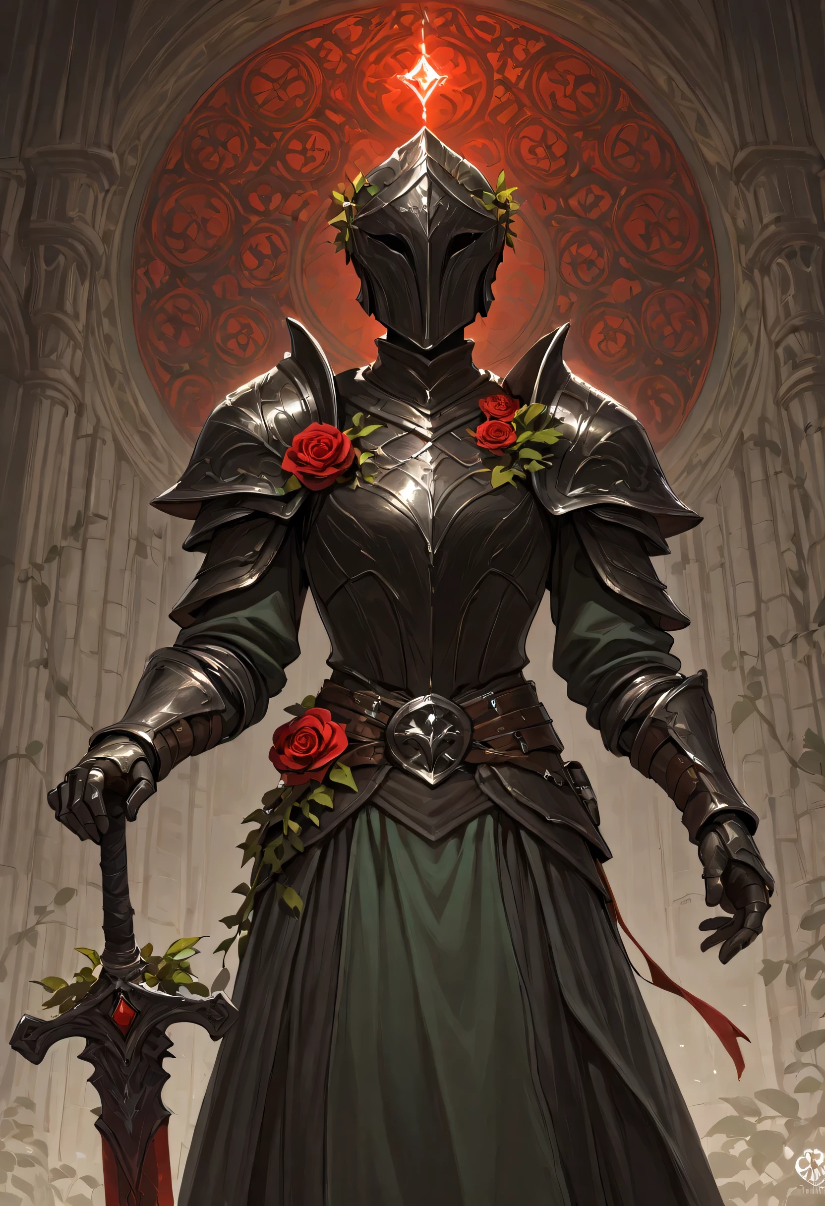 arafed high details, best quality, 16k, (ultra detailed: 1.5), masterpiece, best quality, (extremely detailed), RAW, dnd art, fantasy art, an epic sword with a rose vine entwined on the blade, a magnificent silver shinning sword, with a diamond in the hilt, there is a red rose vine entwined along the blade, dynamic fantasy background, invert color