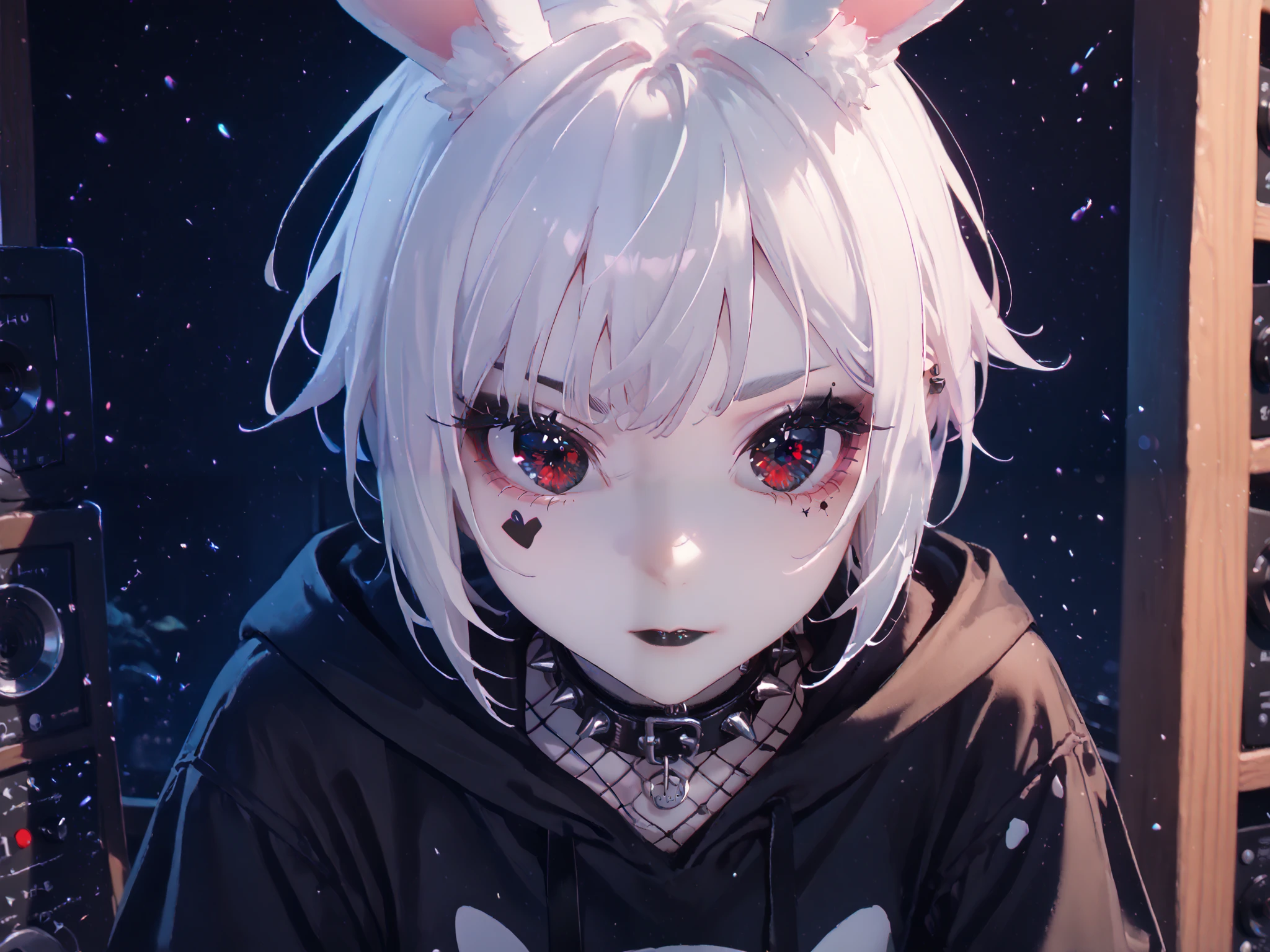 portrait, solo, 1girl, dark eyes ((Eyes with high detail, no defects, pupils of equal size)), demi-human, bunny-human, hybrid, real white bunny ears, big bunny ears, wary gaze, goth, pale skin, cute face, goth makeup, bold eyeshadow, black eyeshadow, black lipstick, a-cup breasts, white hair, short wolfcut, hair hides ears, black cropped hoodie, spiked collar, fishnet gloves, black nails, black shorts, one dark stocking, one fishnet stocking, spiked bracelets, music, records, musical instruments, wooden decor, music records, cozy, indoors, sunny, evening, particles, fractal, best quality, 8k, highres, masterpiece, ultra-detailed, dramatic lighting, 
