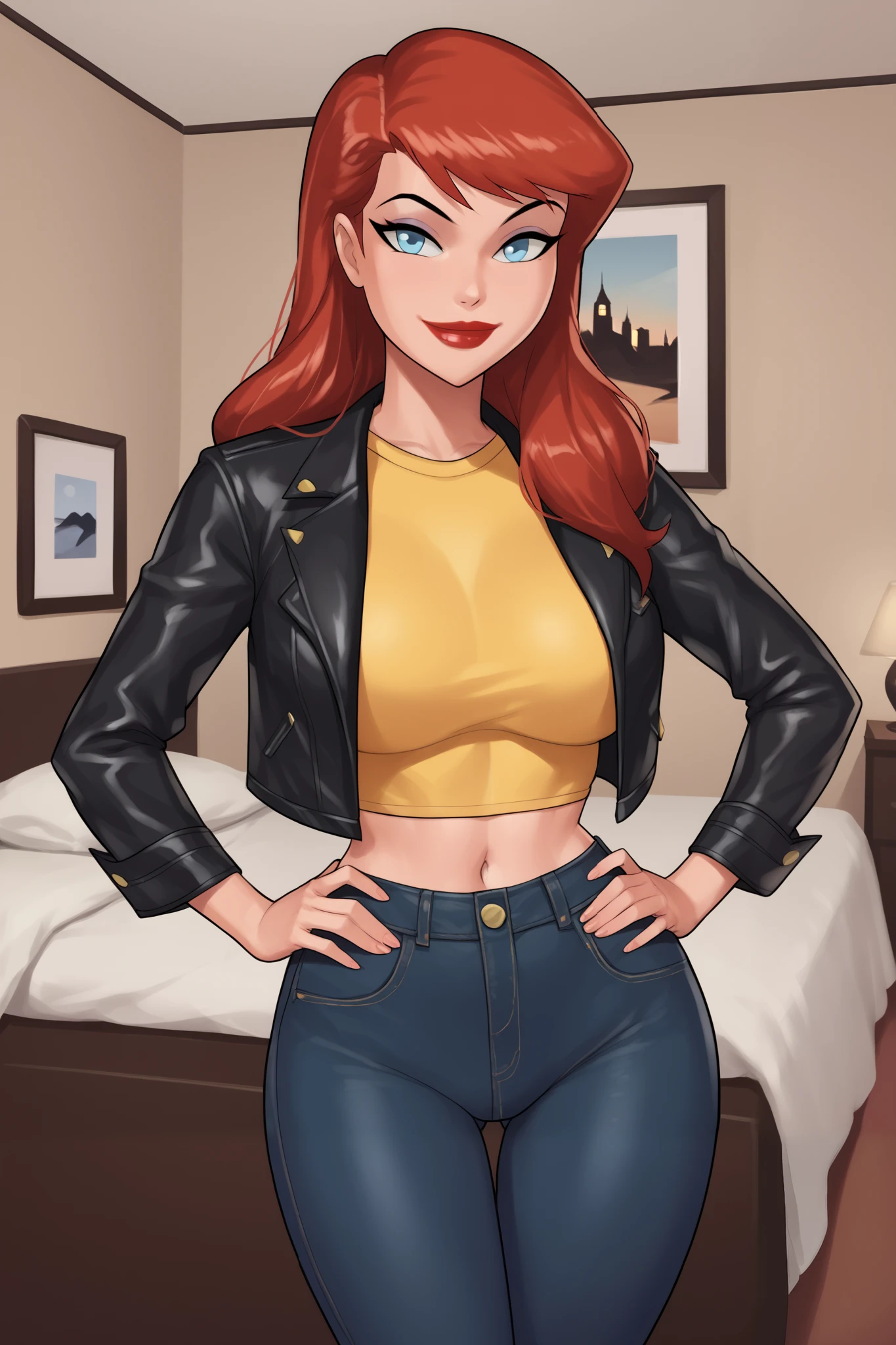 1980s (style), retro artstyle, source_cartoon, score_9, score_8_up, score_7_up, score_6_up, ((zPDXL2)), (cartoon, highly detailed, masterpiece, absurd resolution, perfect anatomy), cowboy shot BREAK barbara gordon, long hair, red hair, blue eyes, solo, raised eyebrow, flirting, ((looking at viewer)), lipstick, makeup, black jeans, black leather jacket, large breasts, curvy, athletic, thigh gap, standing, indoors, bedroom, yellow crop top, happy expression, smile, closed mouth, long sleeve, hands on hips