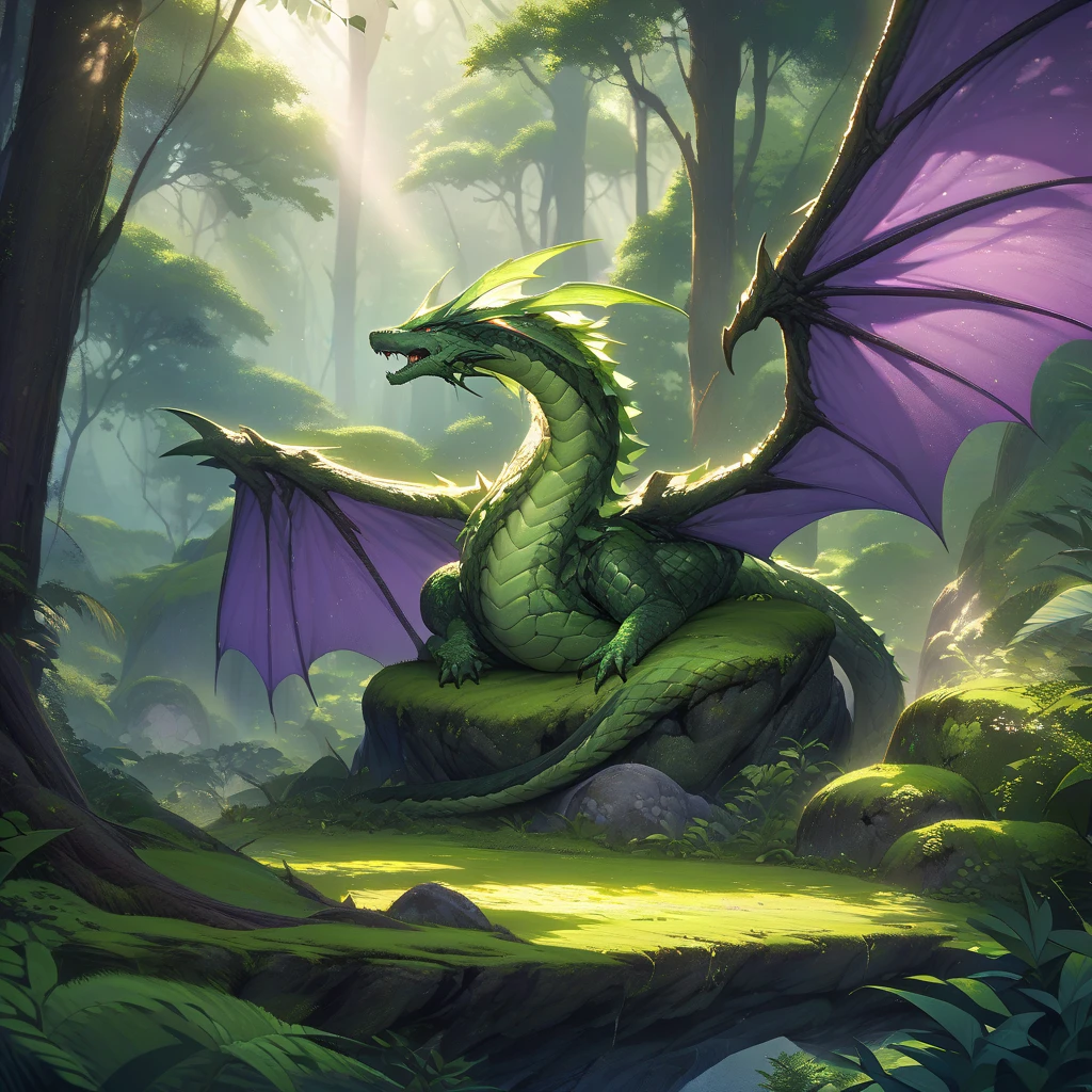 two legs on log, forest dragon, leafy wings, green eyes, pretty woodland scales, woodlands, amazon rainforest, long wavy tail, vines, dense trees, weaving between trees