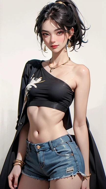 Ultra-realistic and extremely detailed 8K image of a woman, captured in a wide-angle shot. Her natural exposure amount illuminates every inch of her slender figure, revealing her small, firm breasts and narrow waist. In the background, her back is showcased in all its beauty, adorned with an intricately-designed black ink phoenix tattoo that spreads across her shoulders and down her spine. Her arms are also displayed in detail, with veins visible beneath her smooth skin and her fingers delicately curled. Her face is a masterpiece of beauty, with a small, defined jawline, a pointed chin, and a detailed eye that sparkles with intensity. Despite being to