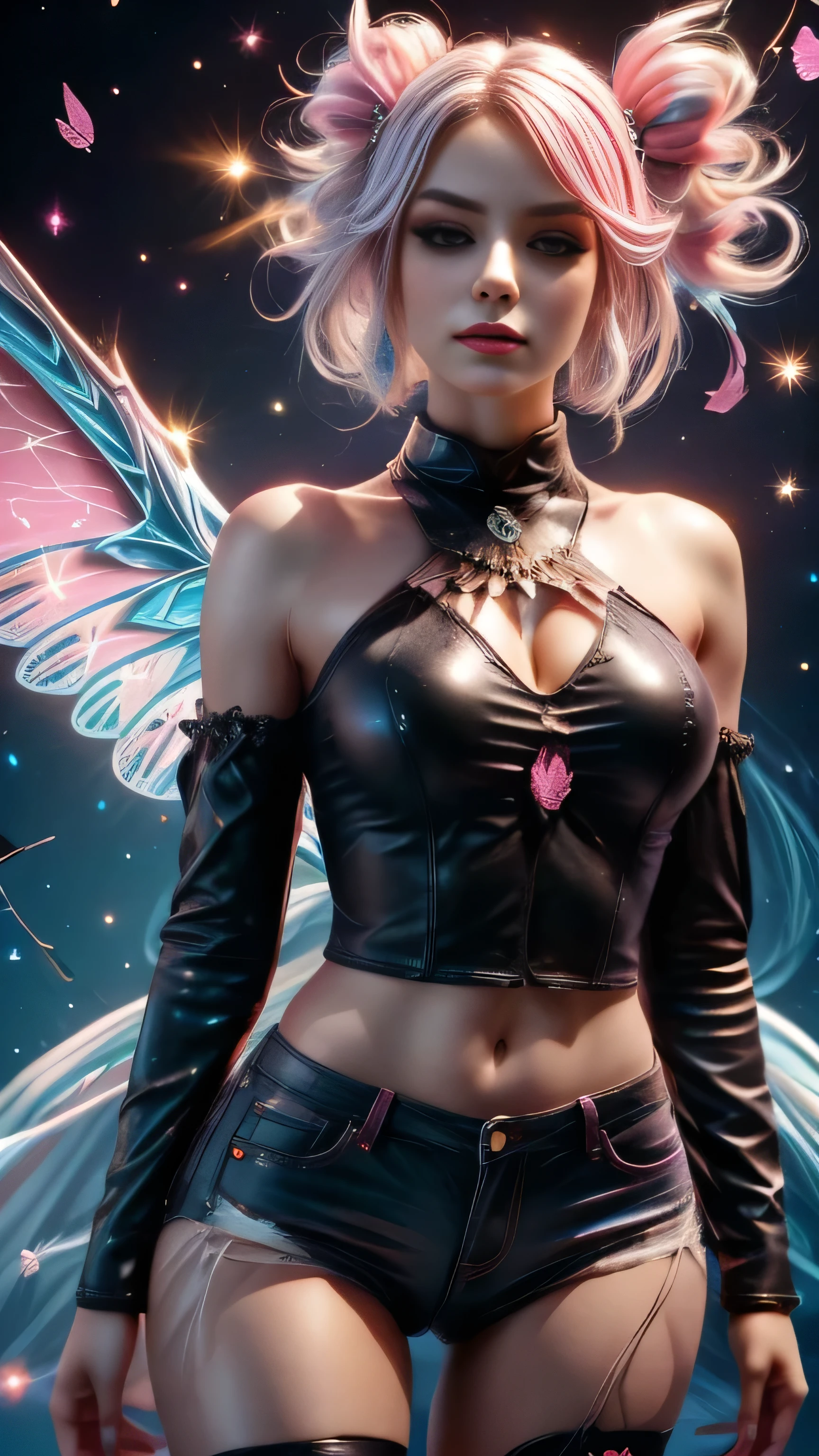 shimmering, sparkling, airbrushed gothic beauty with long black and pink hair in flowing waves, blue eyes, full slim skinny gothic cat girl body, ragged black and pink fluffy wings extending behind her crouching figure, her outfit consists of a pink long-sleeved top with the words "No More Flying" on it, ripped black jeans, pink leather boots, a mottled pink and black background with fluttering feathers, fantastic realism sparkles with unearthly magic